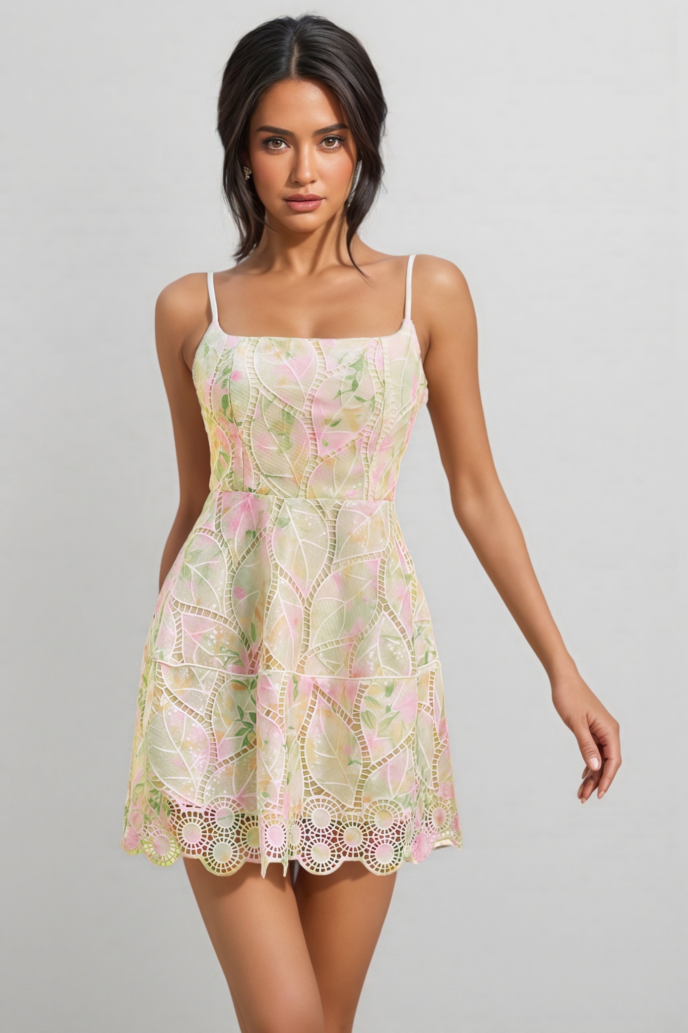 Kaiatl Spaghetti Floral Sequin Mini Dress