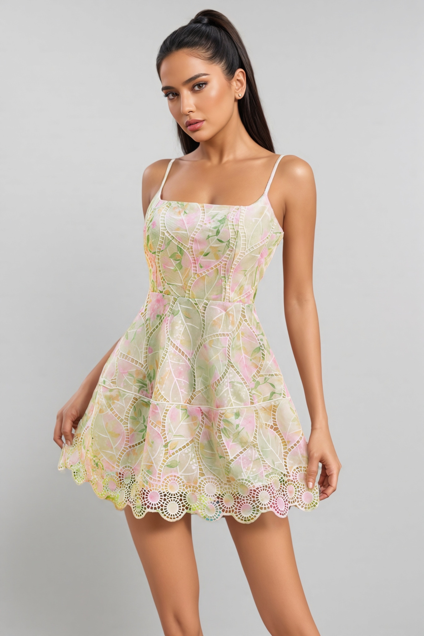 Kaiatl Spaghetti Floral Sequin Mini Dress