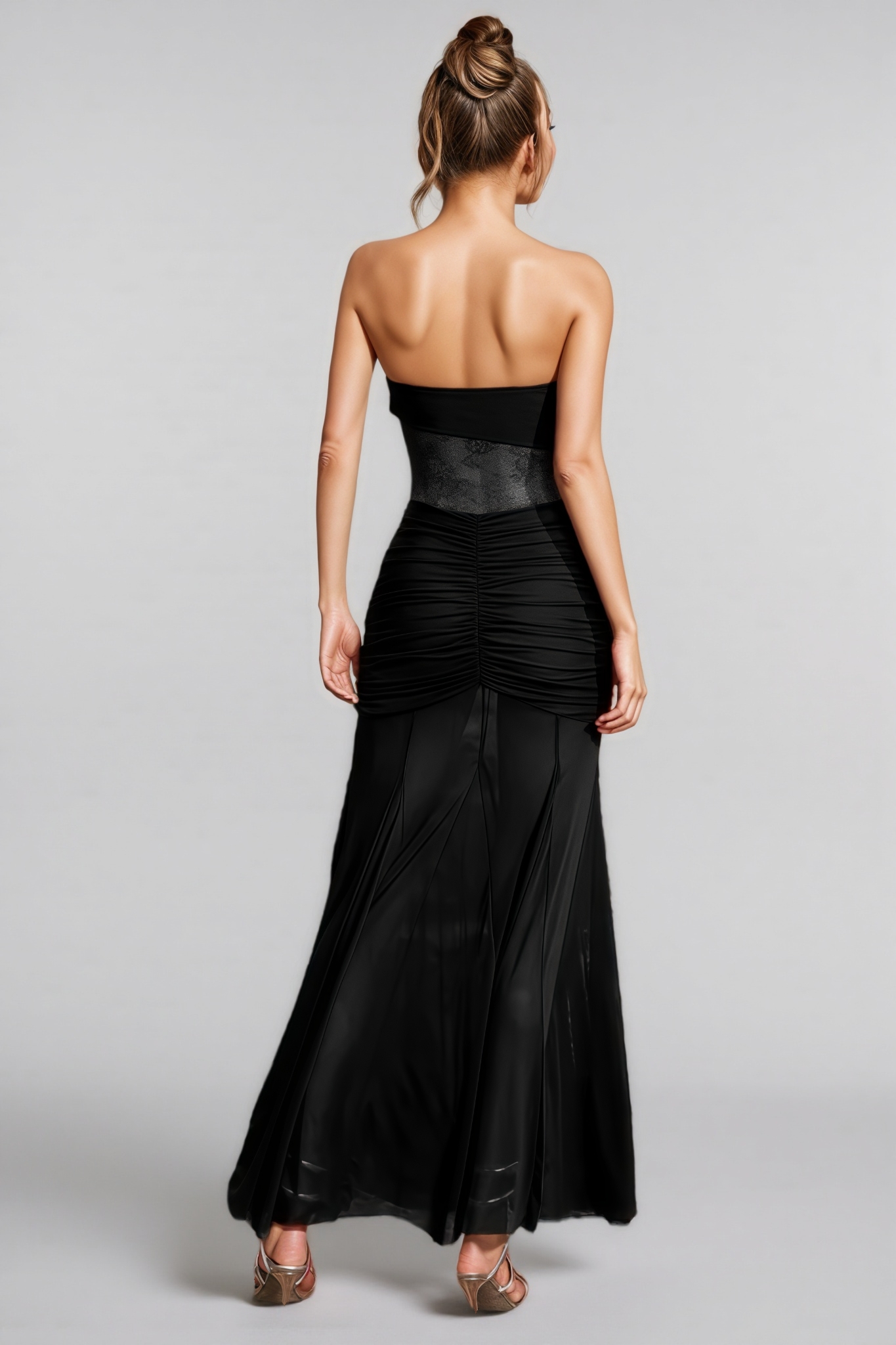 Jouy Black Ruched Mermaid Maxi Dress