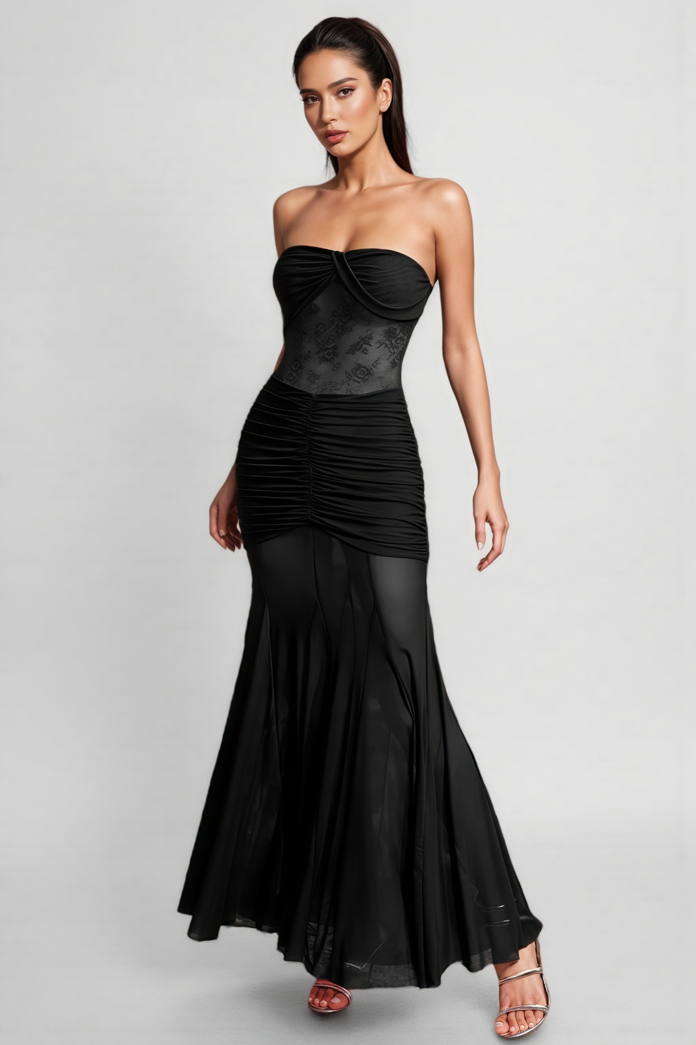Jouy Black Ruched Mermaid Maxi Dress