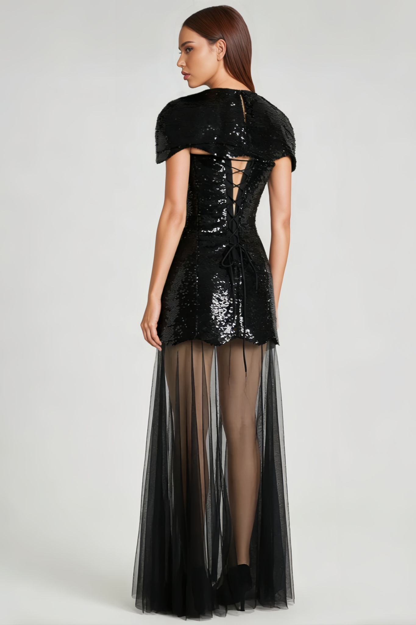Zoniy Black Sequin Tulle Maxi Dress