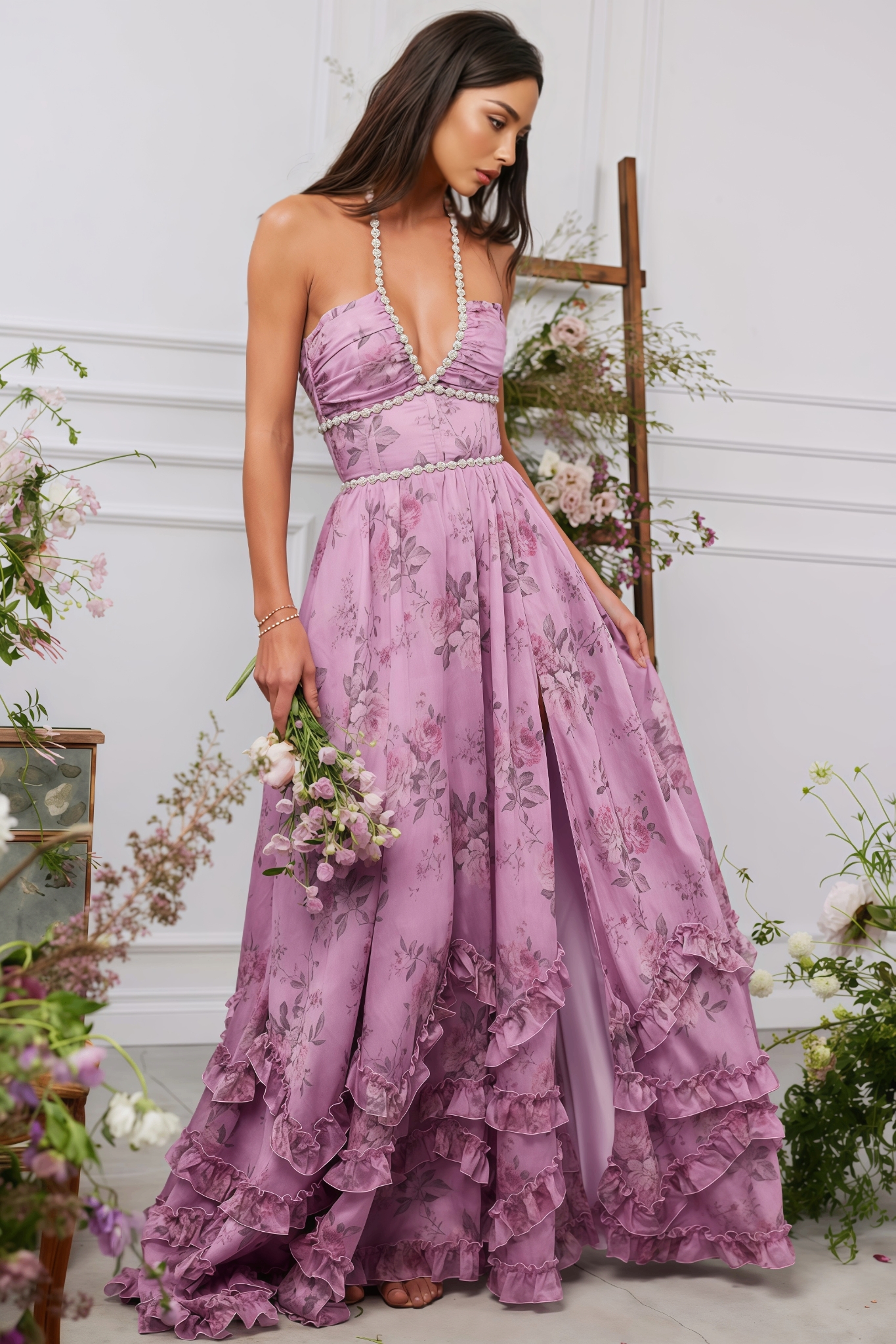 Jodie Printed Hanging Neck Maxi Dress