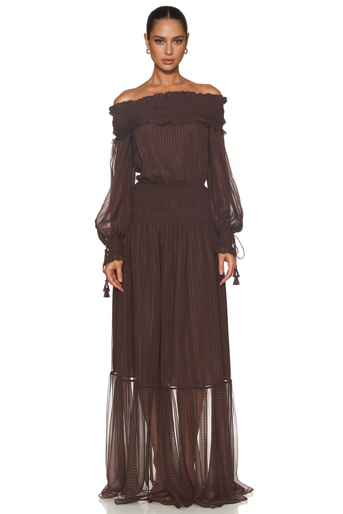 Canye Brown Off Shoulder Long Sleeve Maxi Dress
