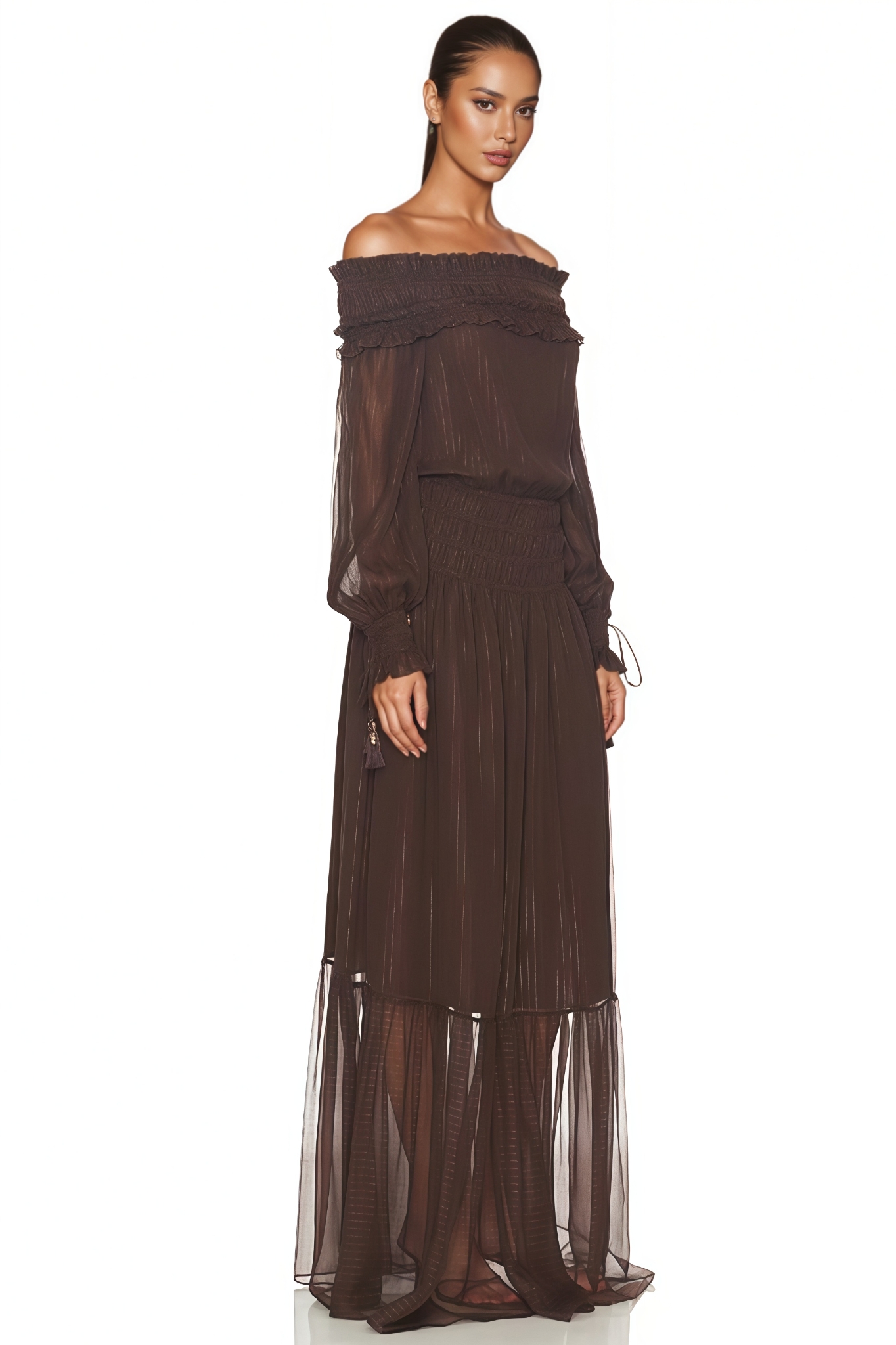 Canye Brown Off Shoulder Long Sleeve Maxi Dress