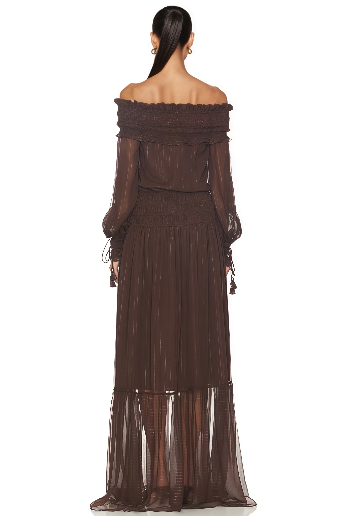 Canye Brown Off Shoulder Long Sleeve Maxi Dress
