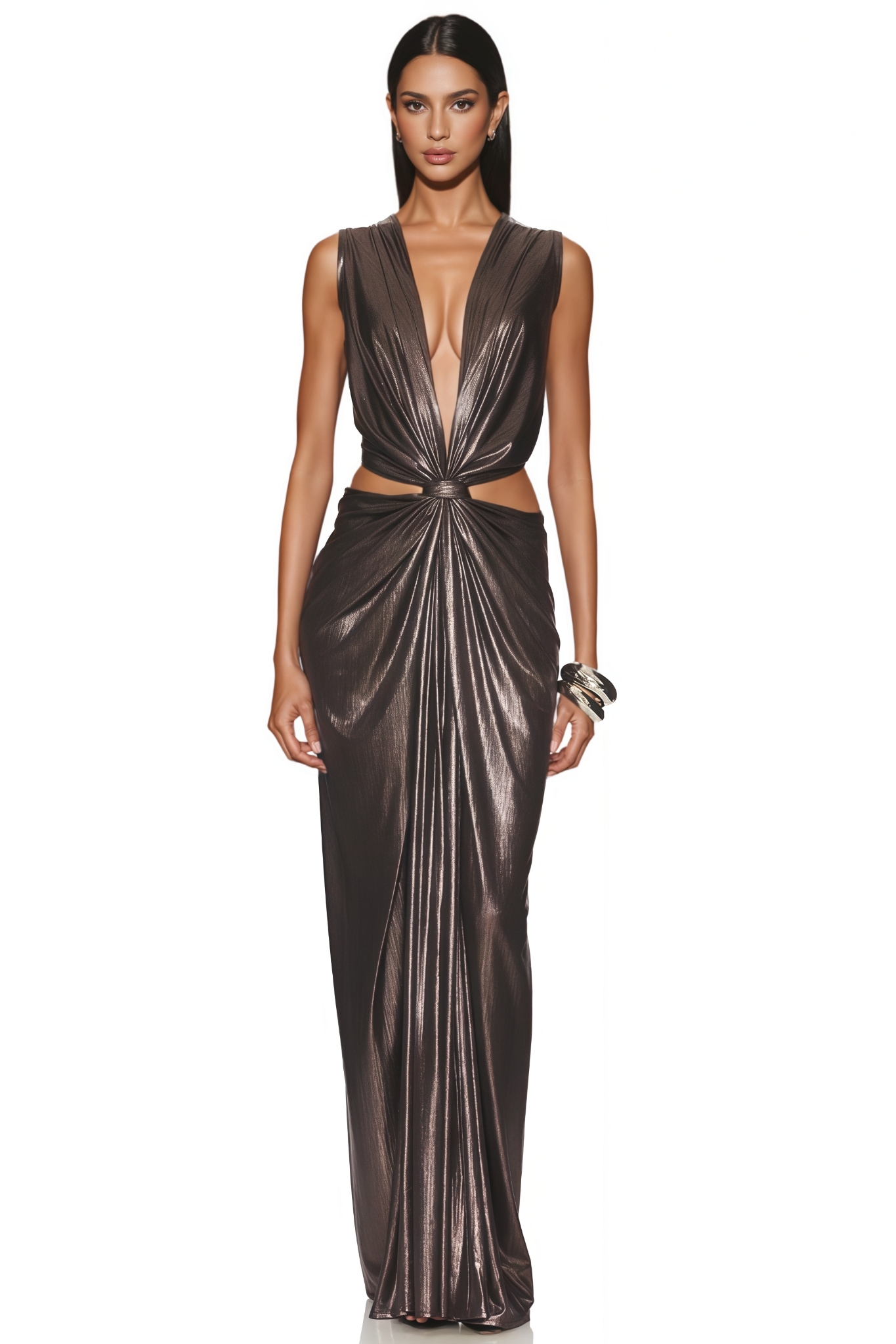 Painry Brown Sleeveless Pleated Maxi Dress