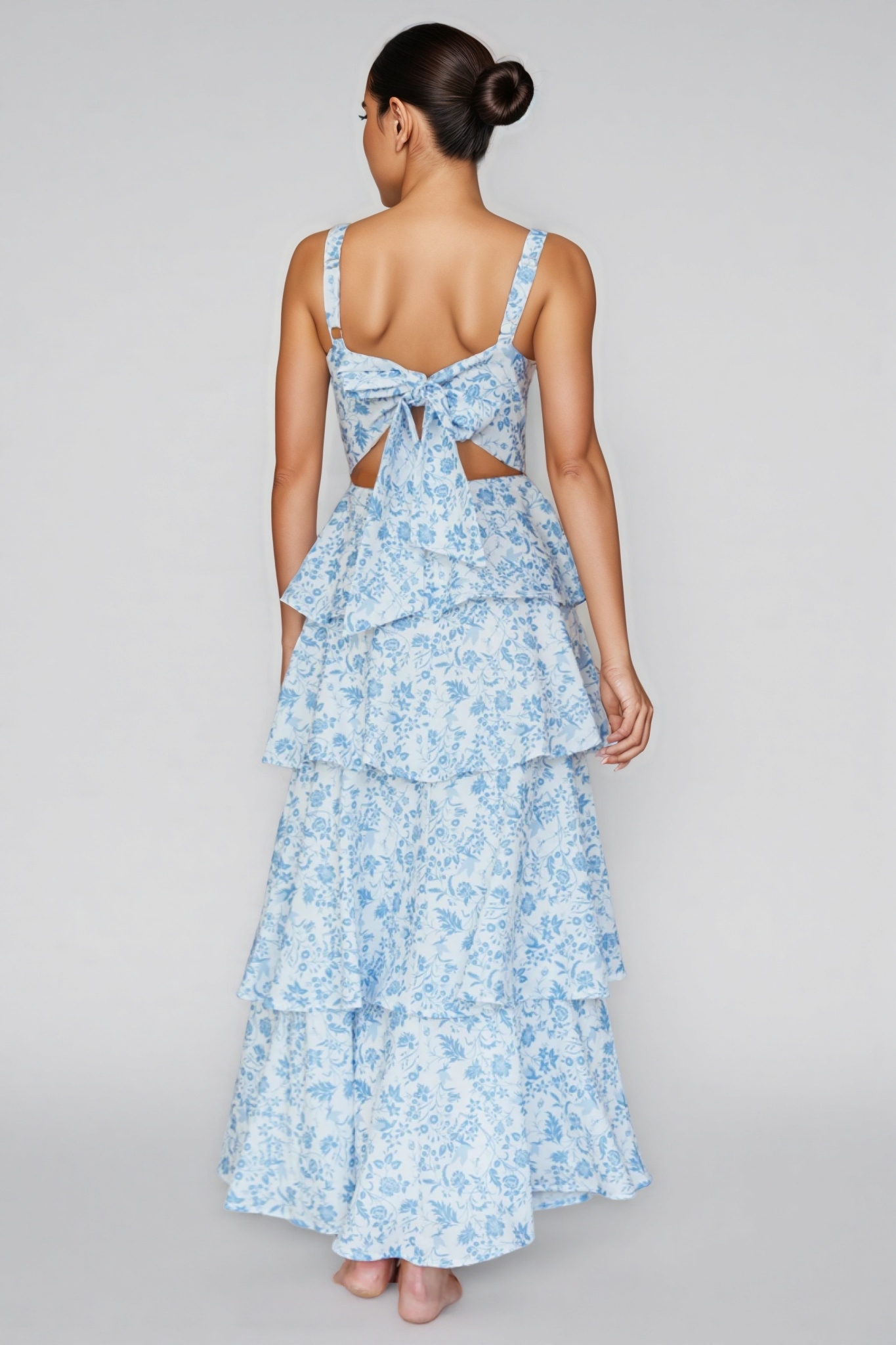 Chriske Blue Floral Print Ruffle Maxi Dress