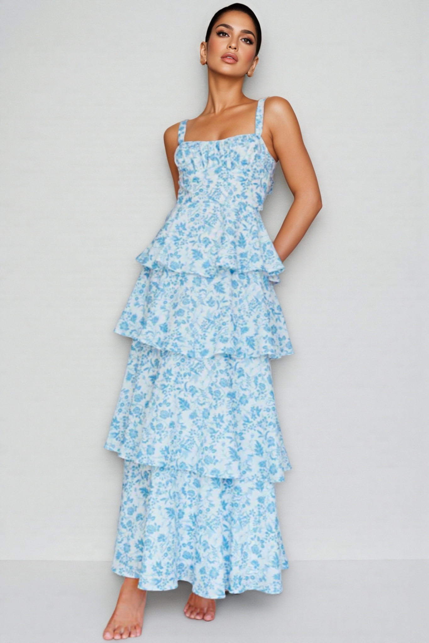 Chriske Blue Floral Print Ruffle Maxi Dress