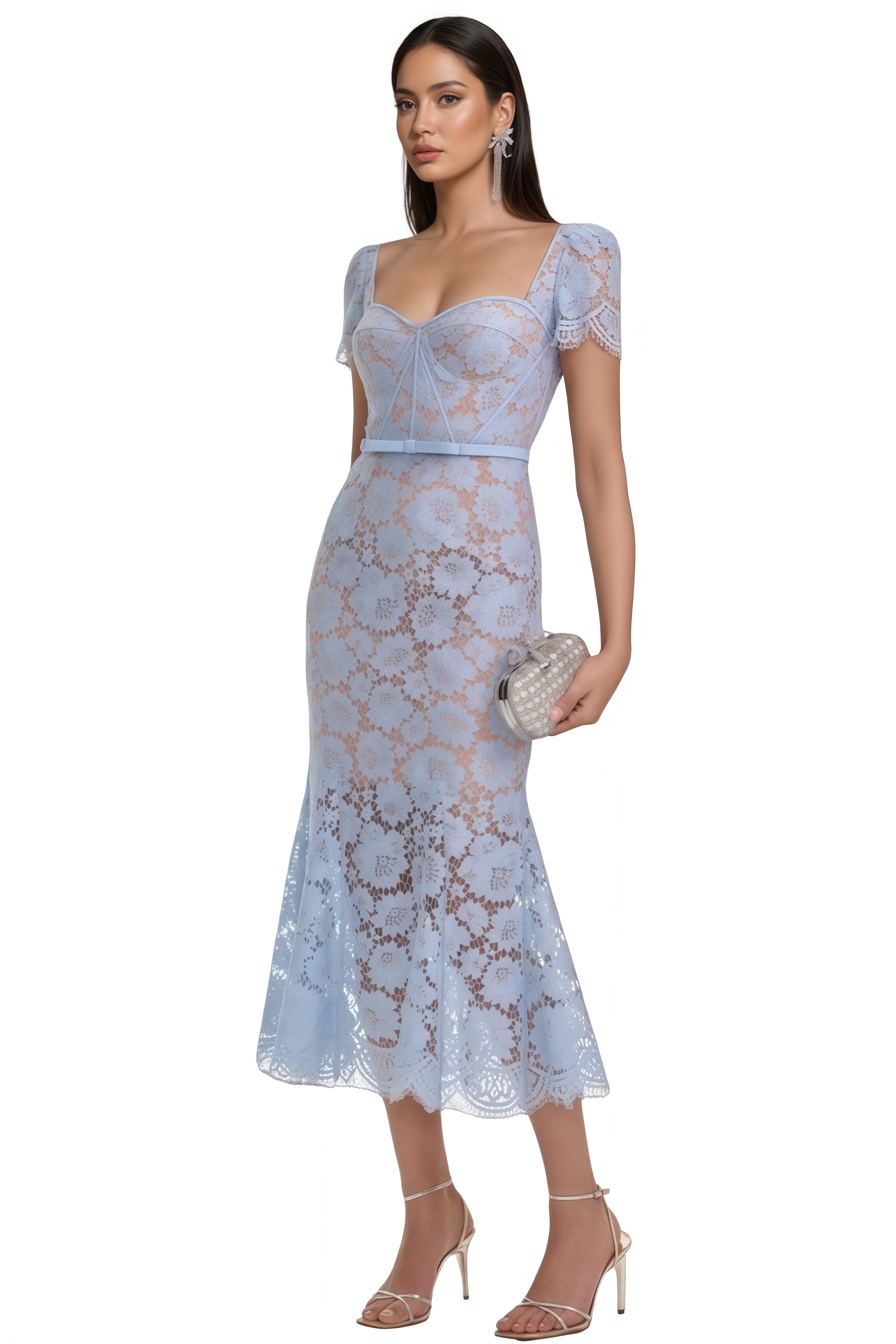 Xanea Square Neck Blue Lace Midi Dress