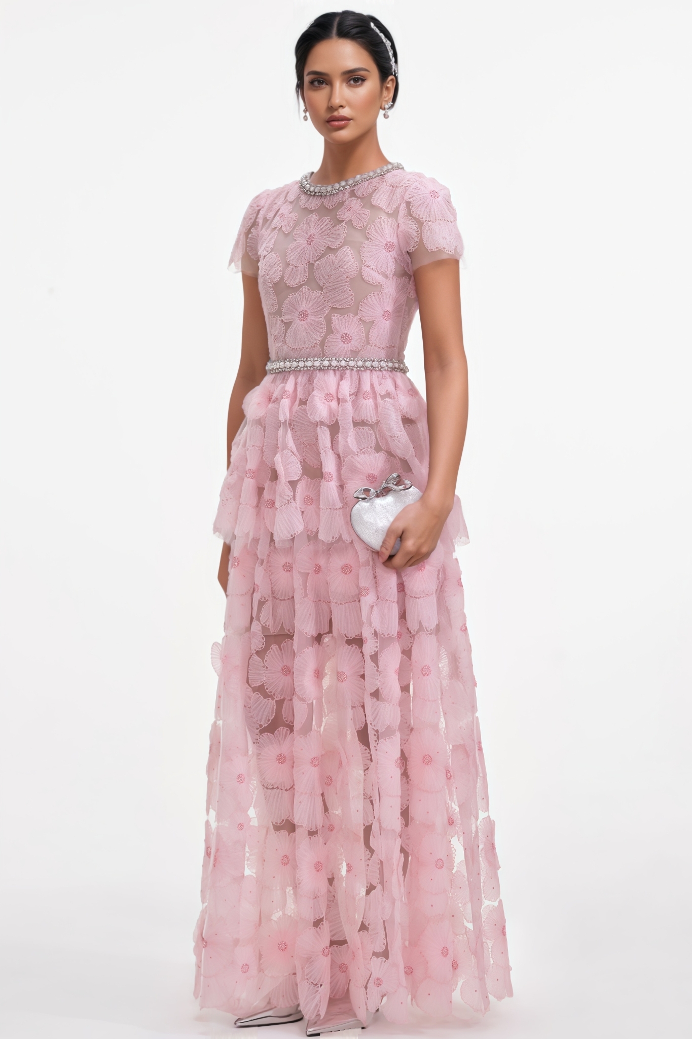Oriel Pink Embellished Tulle Maxi Dress