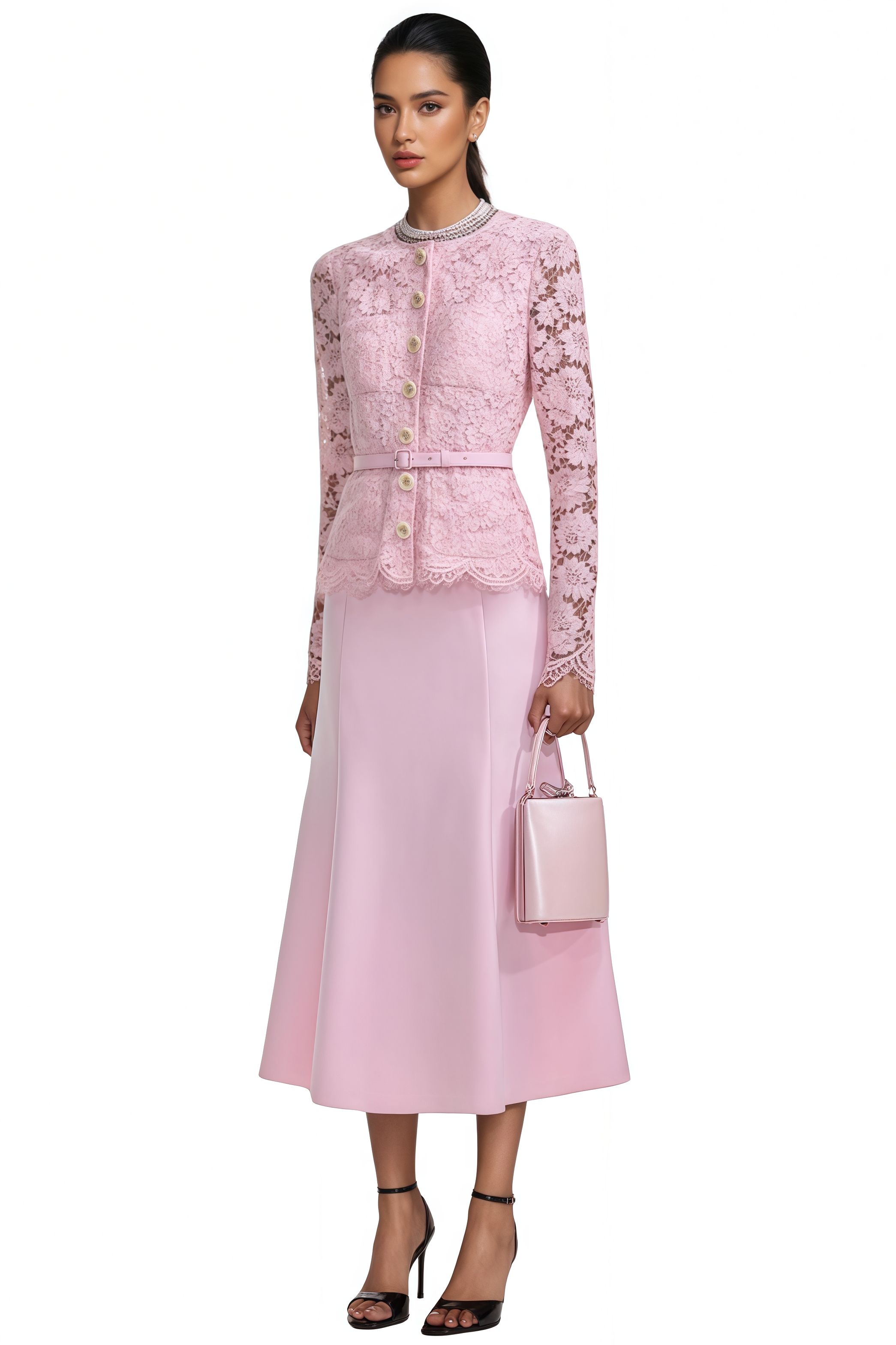Eileen Pink Floral Lace Midi Dress Set