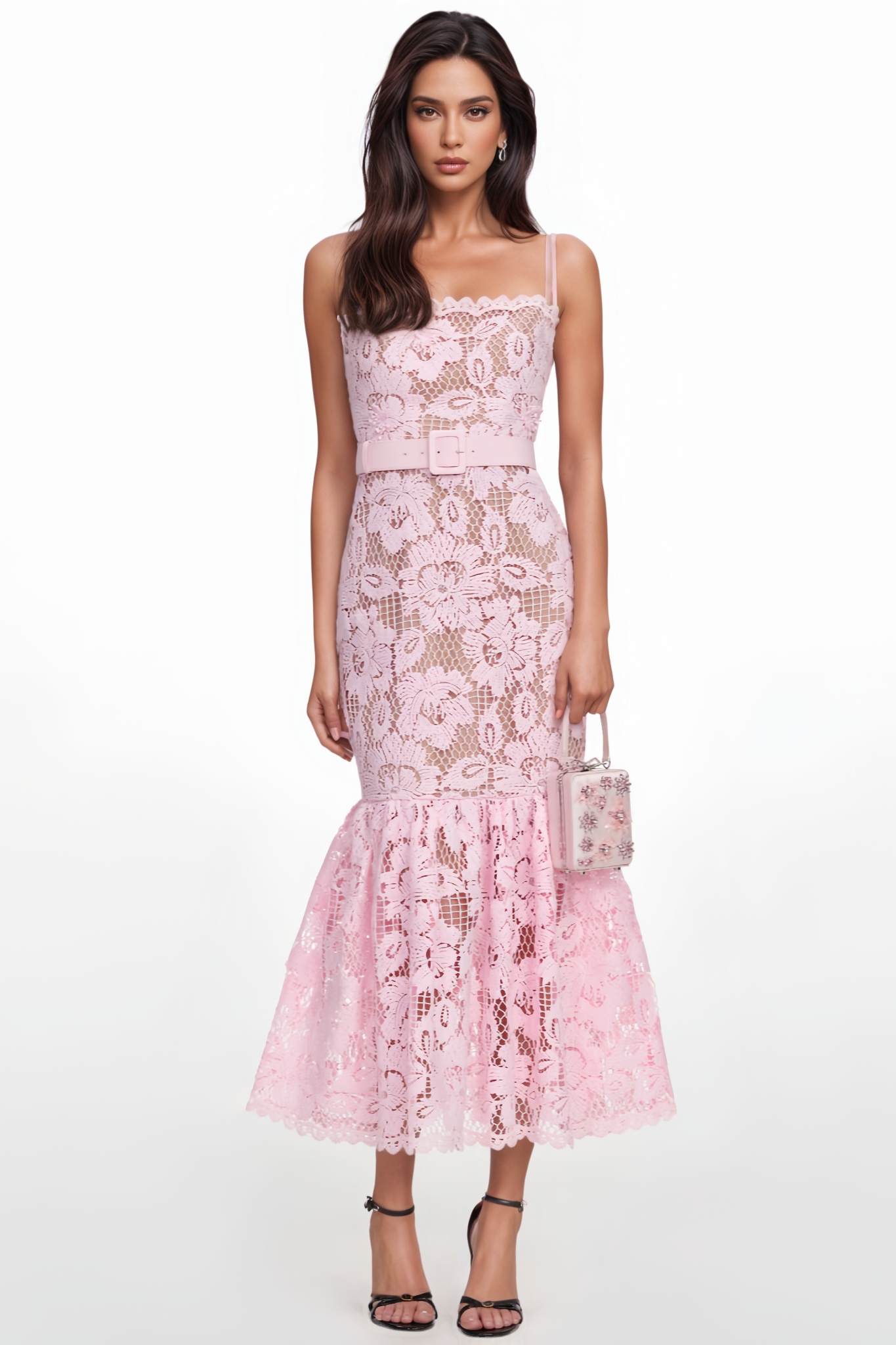 Grash Pink Halter Lace Midi Dress