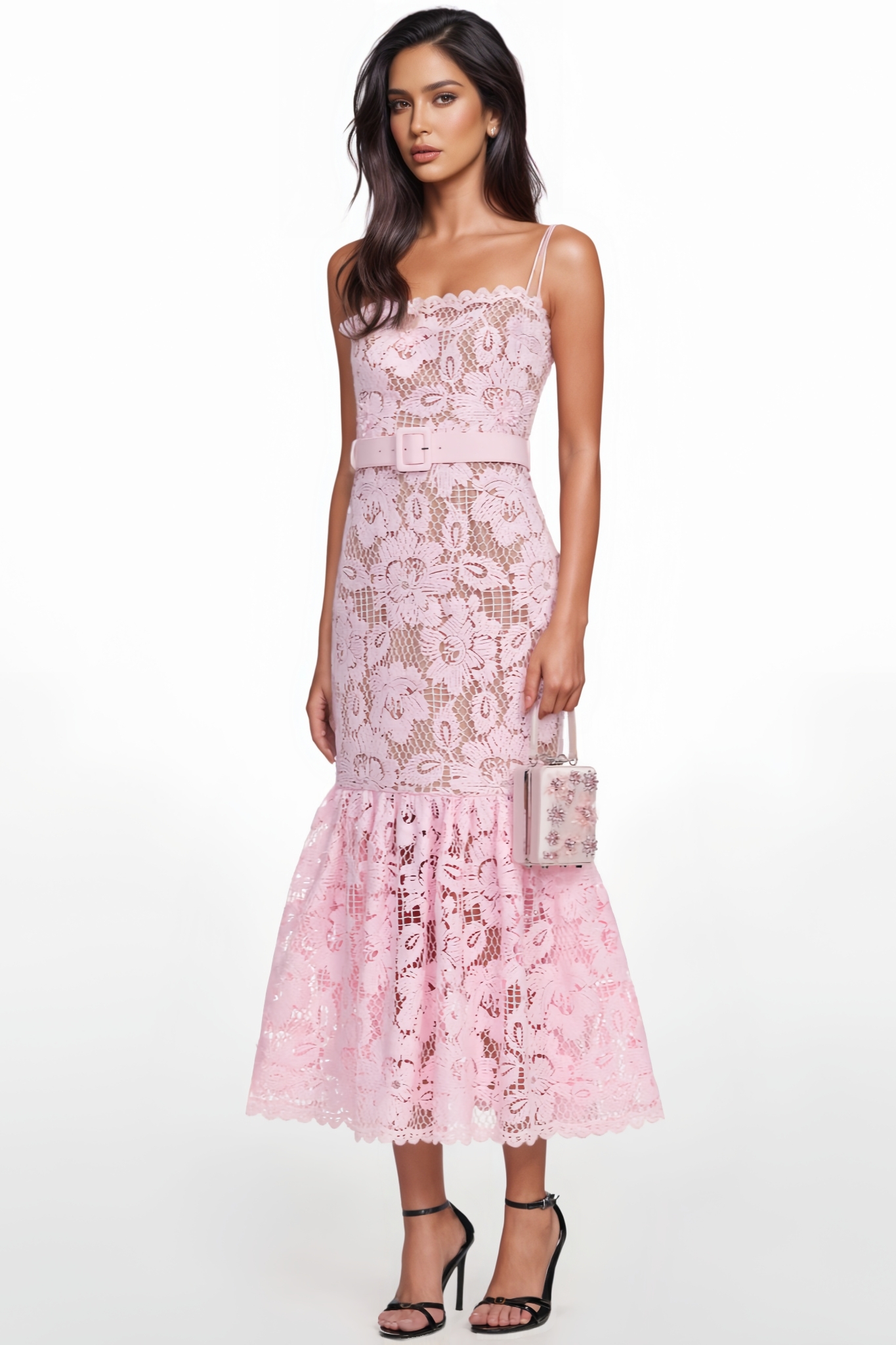 Grash Pink Halter Lace Midi Dress