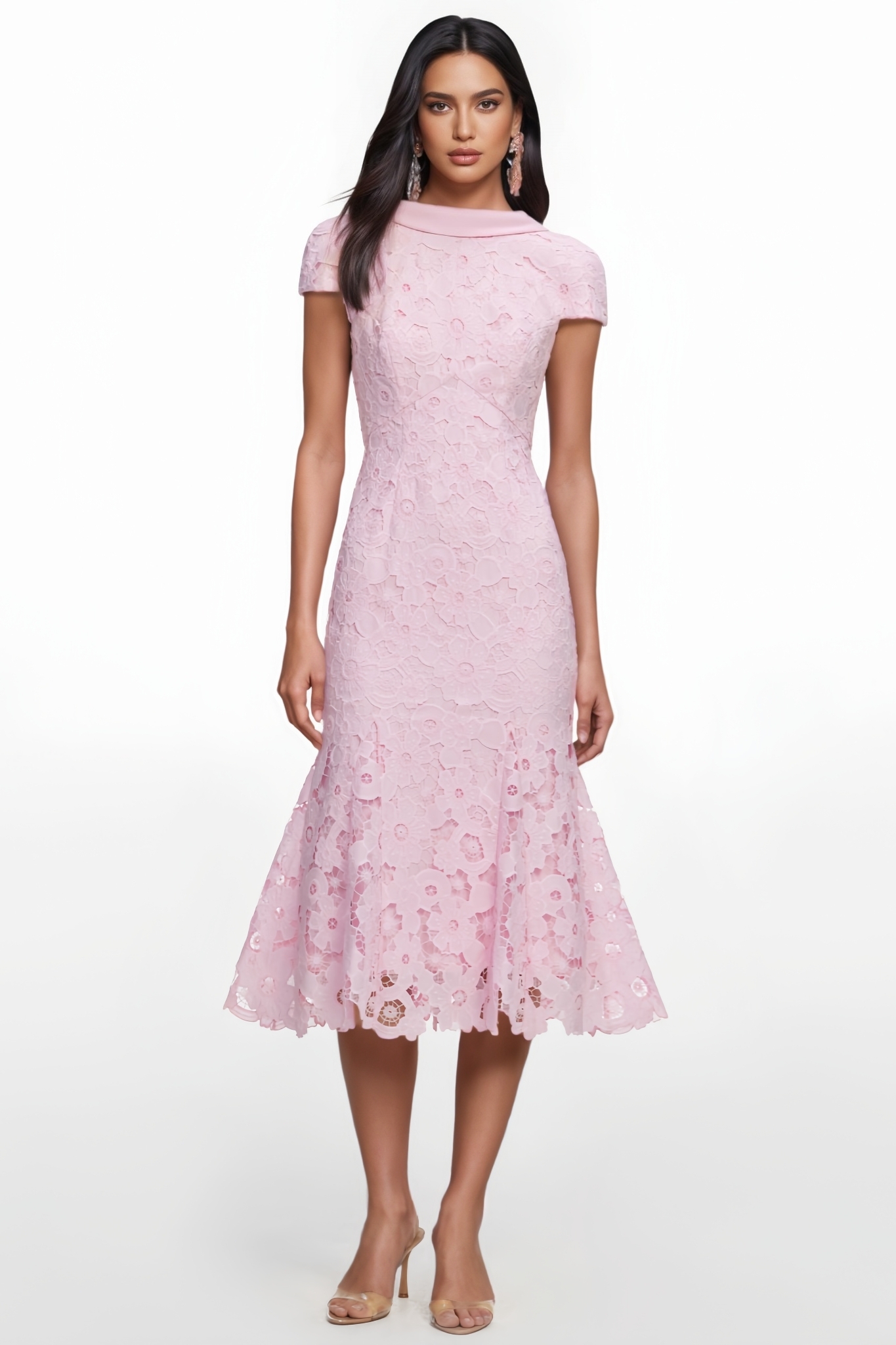 Jailey Pink Short Sleeve Lace Midi Dress