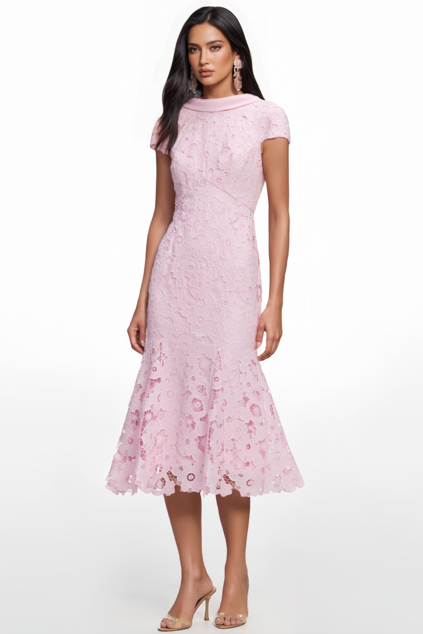Jailey Pink Short Sleeve Lace Midi Dress