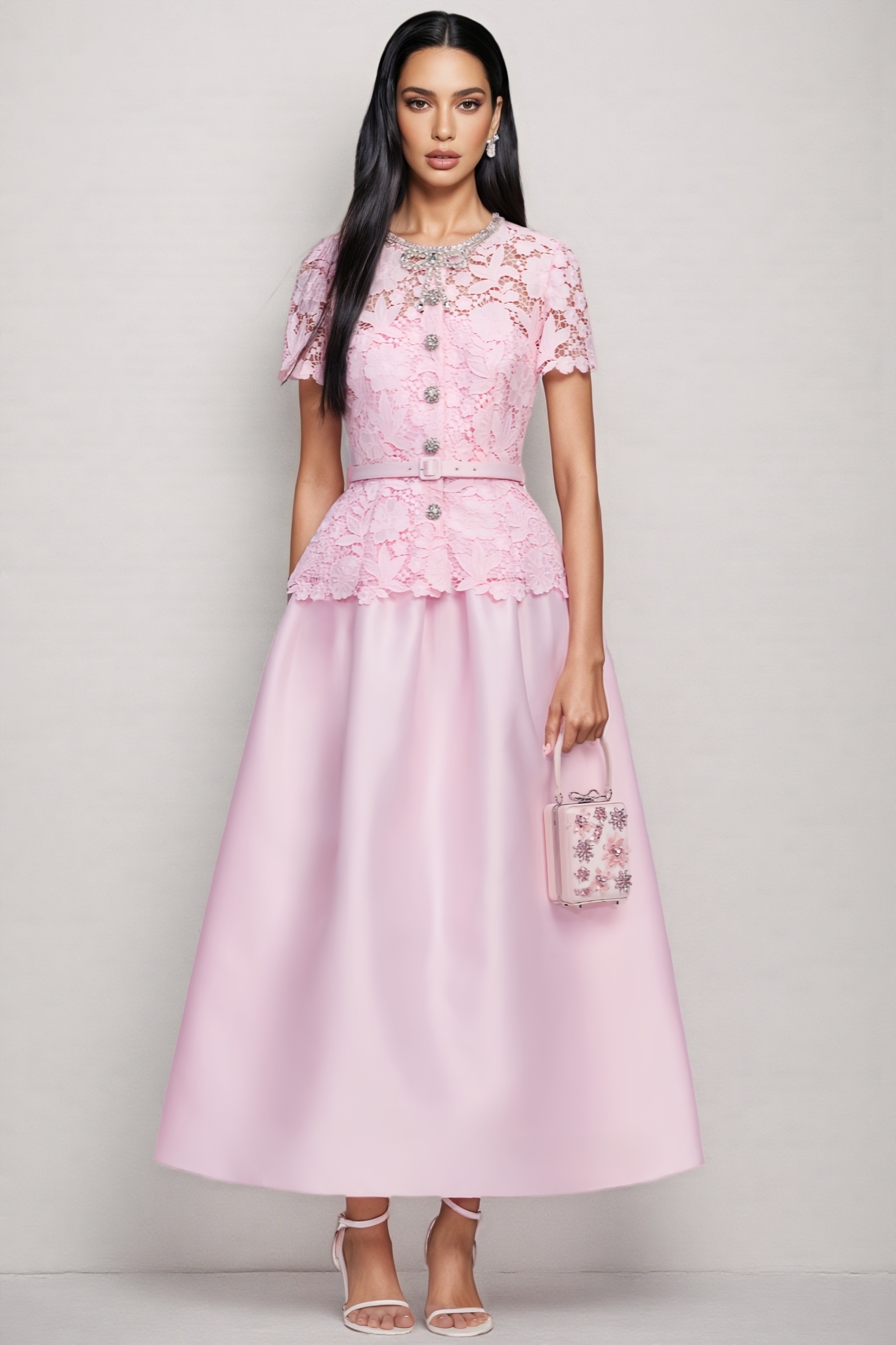 Vaya Pink Short Sleeve Lace Satin Maxi Dress