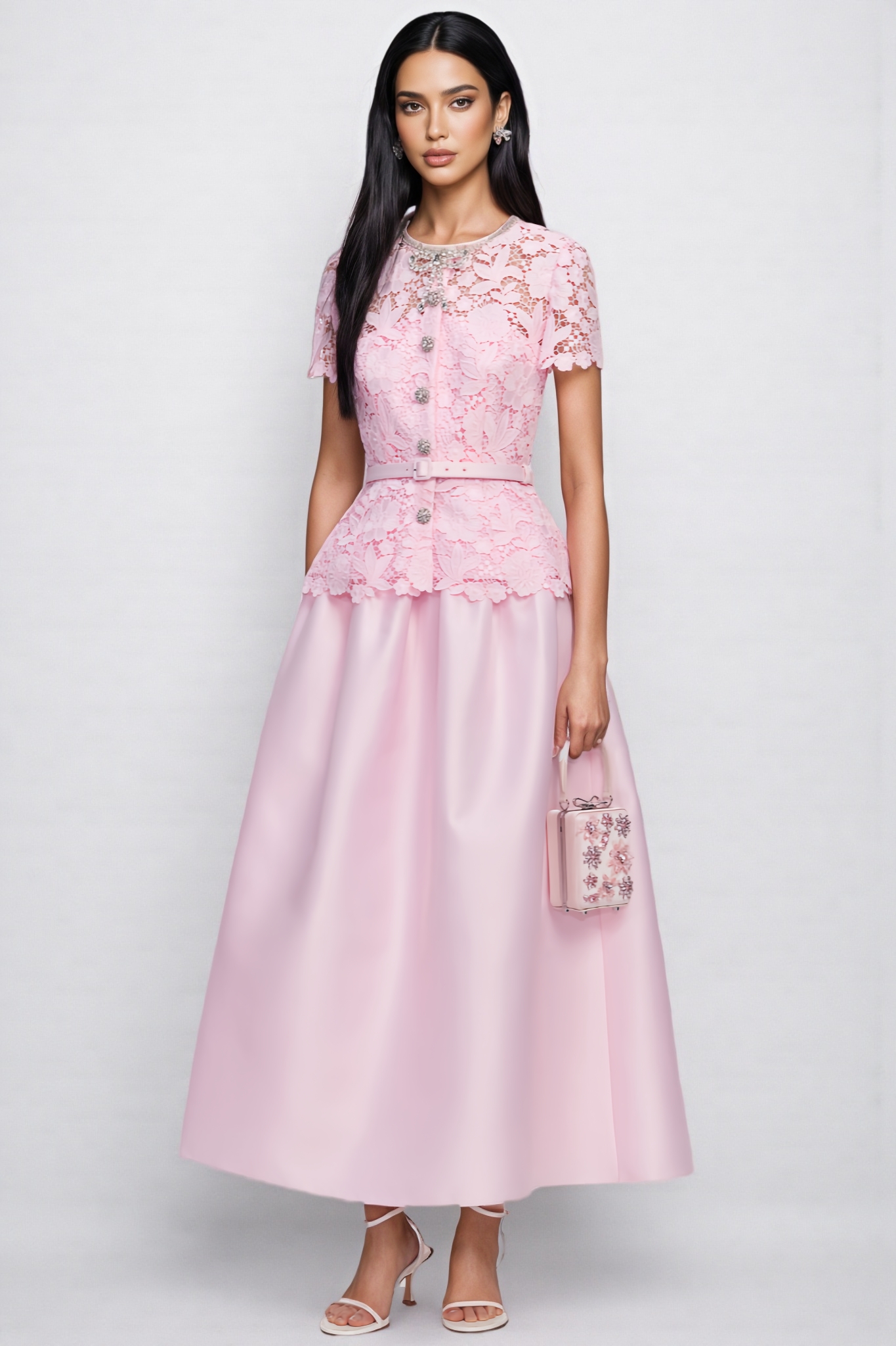 Vaya Pink Short Sleeve Lace Satin Maxi Dress
