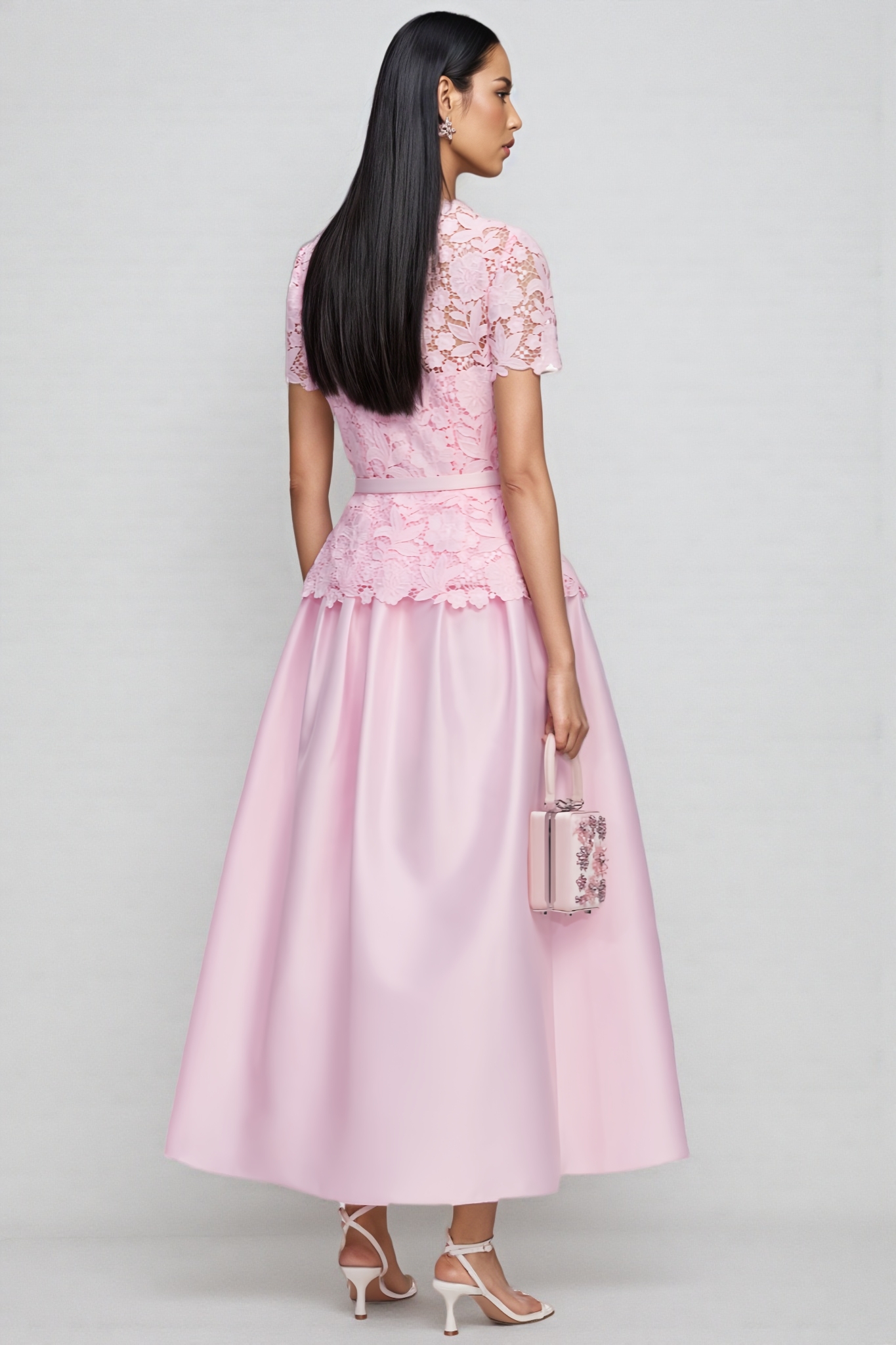 Vaya Pink Short Sleeve Lace Satin Maxi Dress