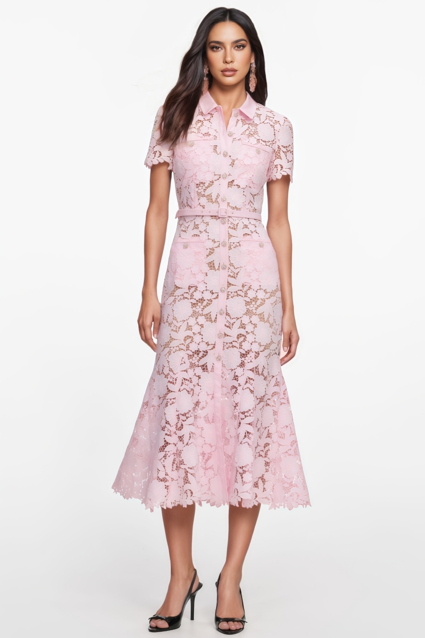Keir Pink Short Sleeve Floral Lace Midi Dress