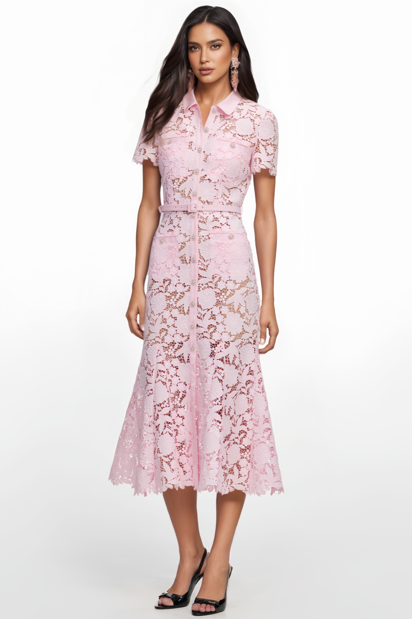 Keir Pink Short Sleeve Floral Lace Midi Dress