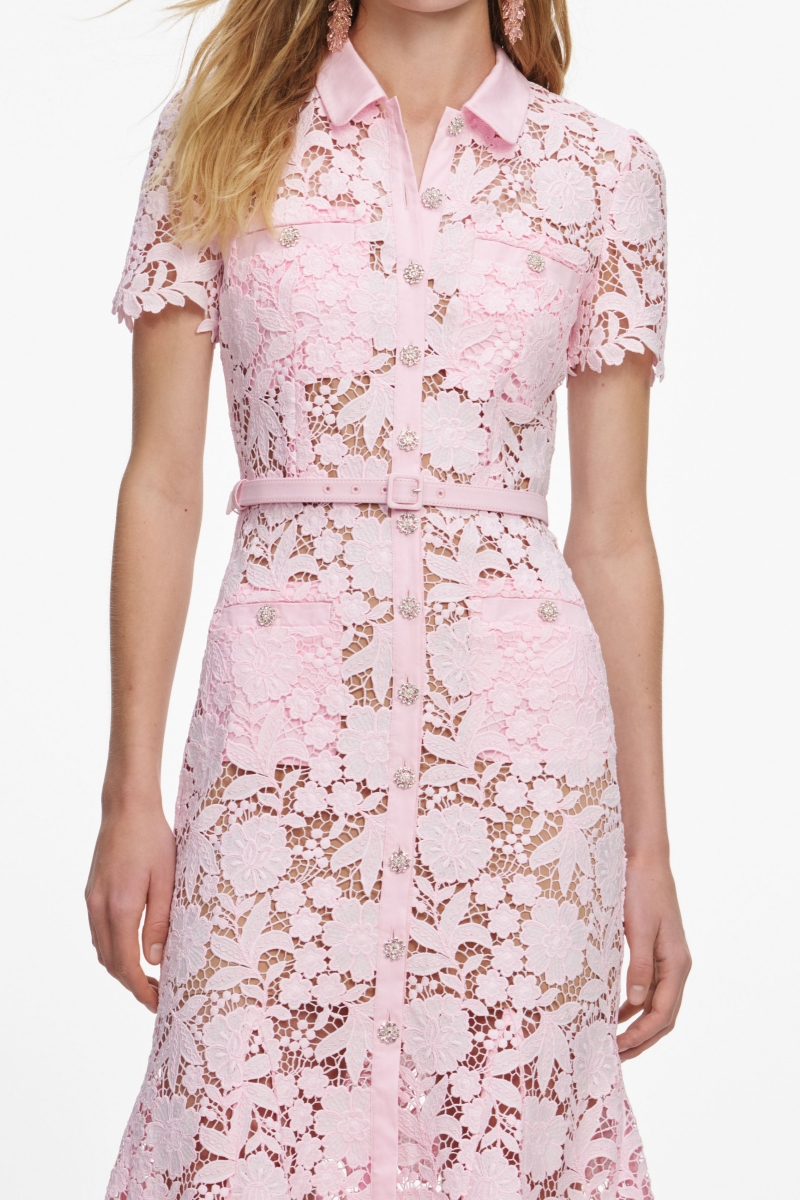Keir Pink Short Sleeve Floral Lace Midi Dress