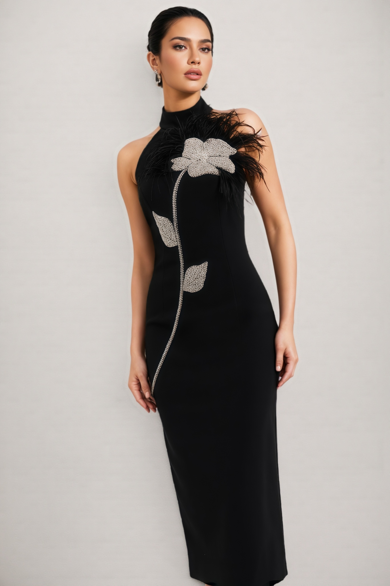 Thian Floral Embellished Feather Bandeau Midi Dress