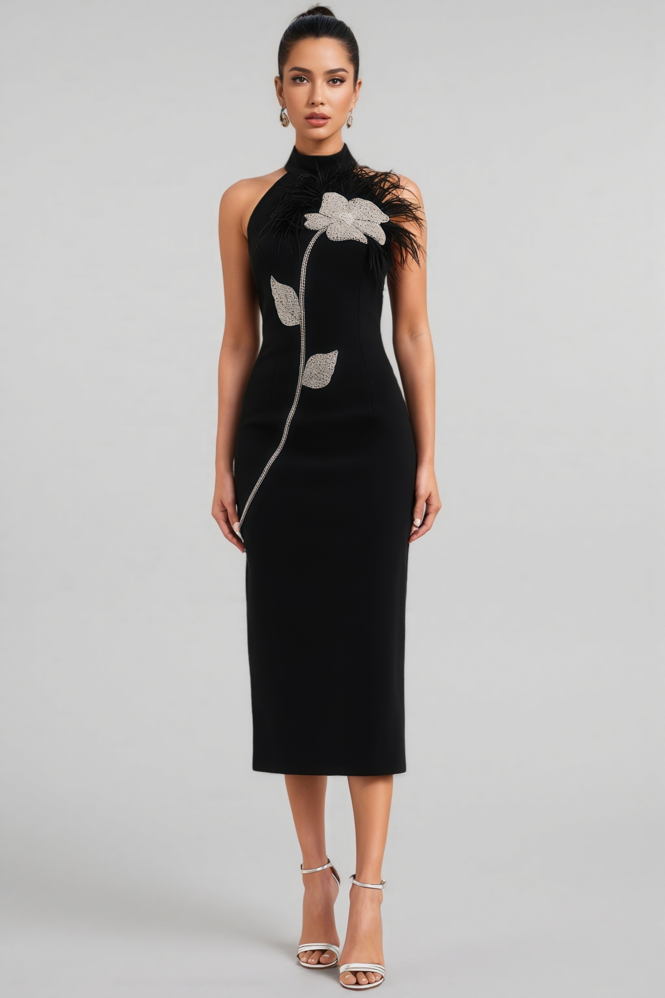 Thian Floral Embellished Feather Bandeau Midi Dress