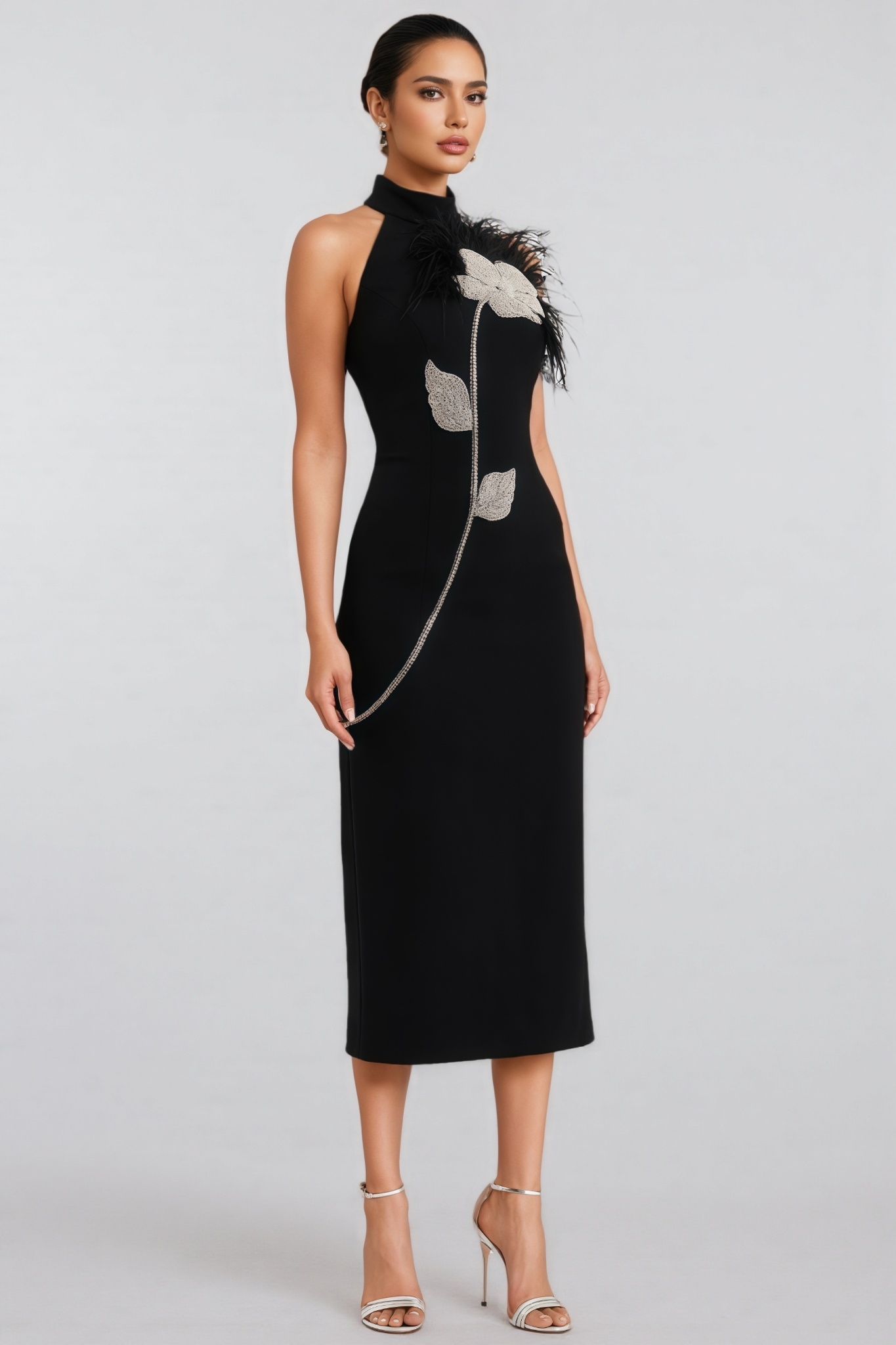 Thian Floral Embellished Feather Bandeau Midi Dress