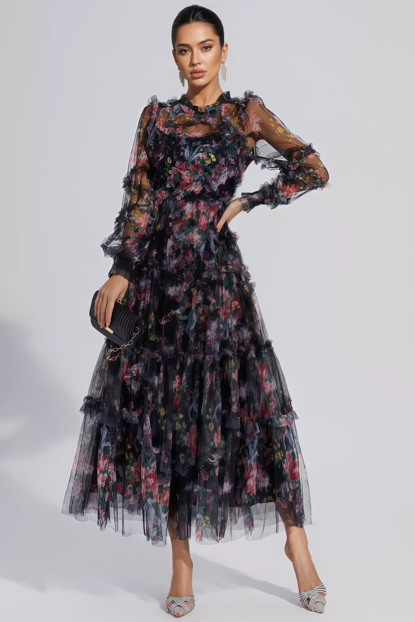 Mallen Black Floral Long Sleeve Maxi Dress