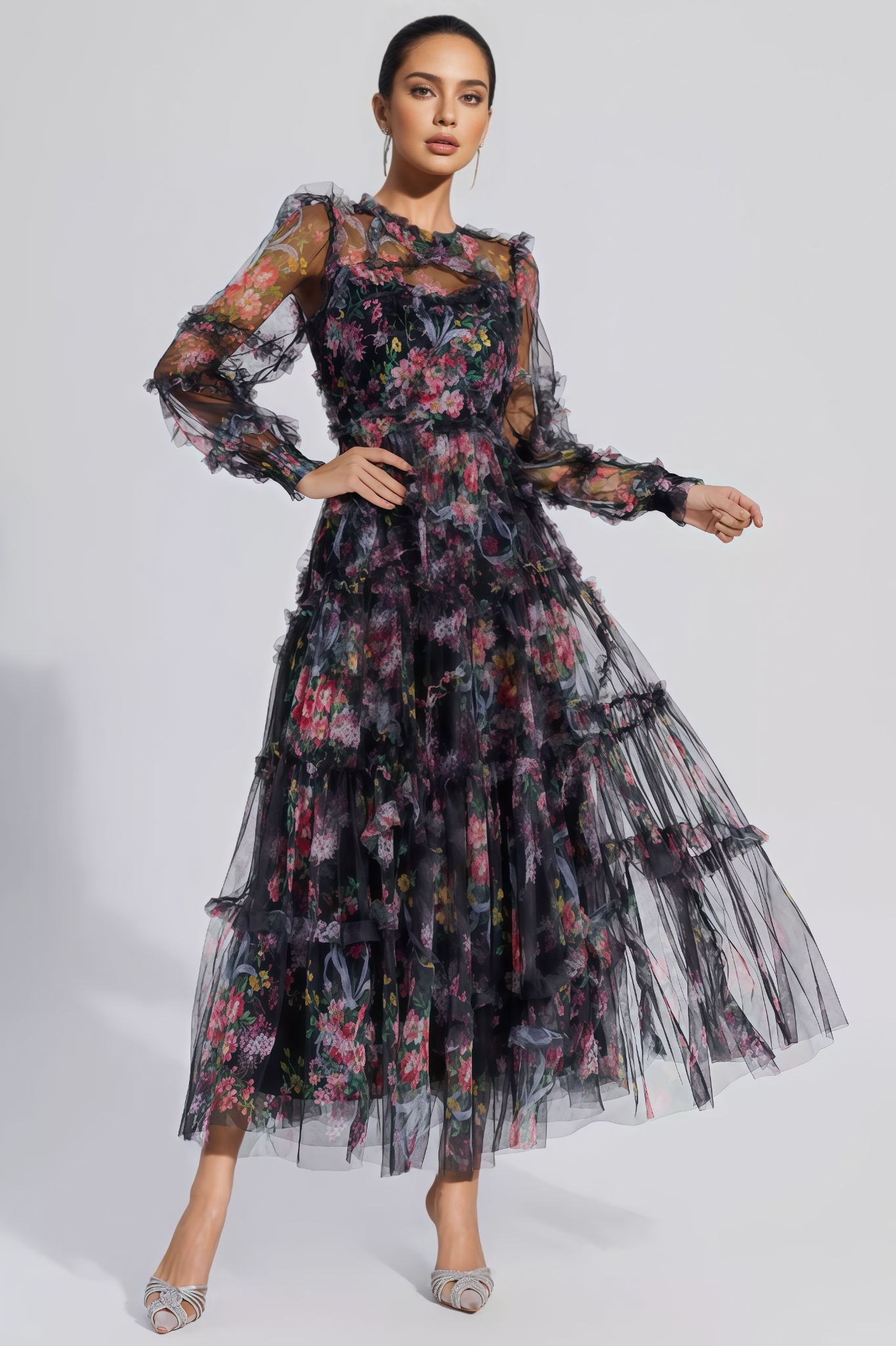 Mallen Black Floral Long Sleeve Maxi Dress