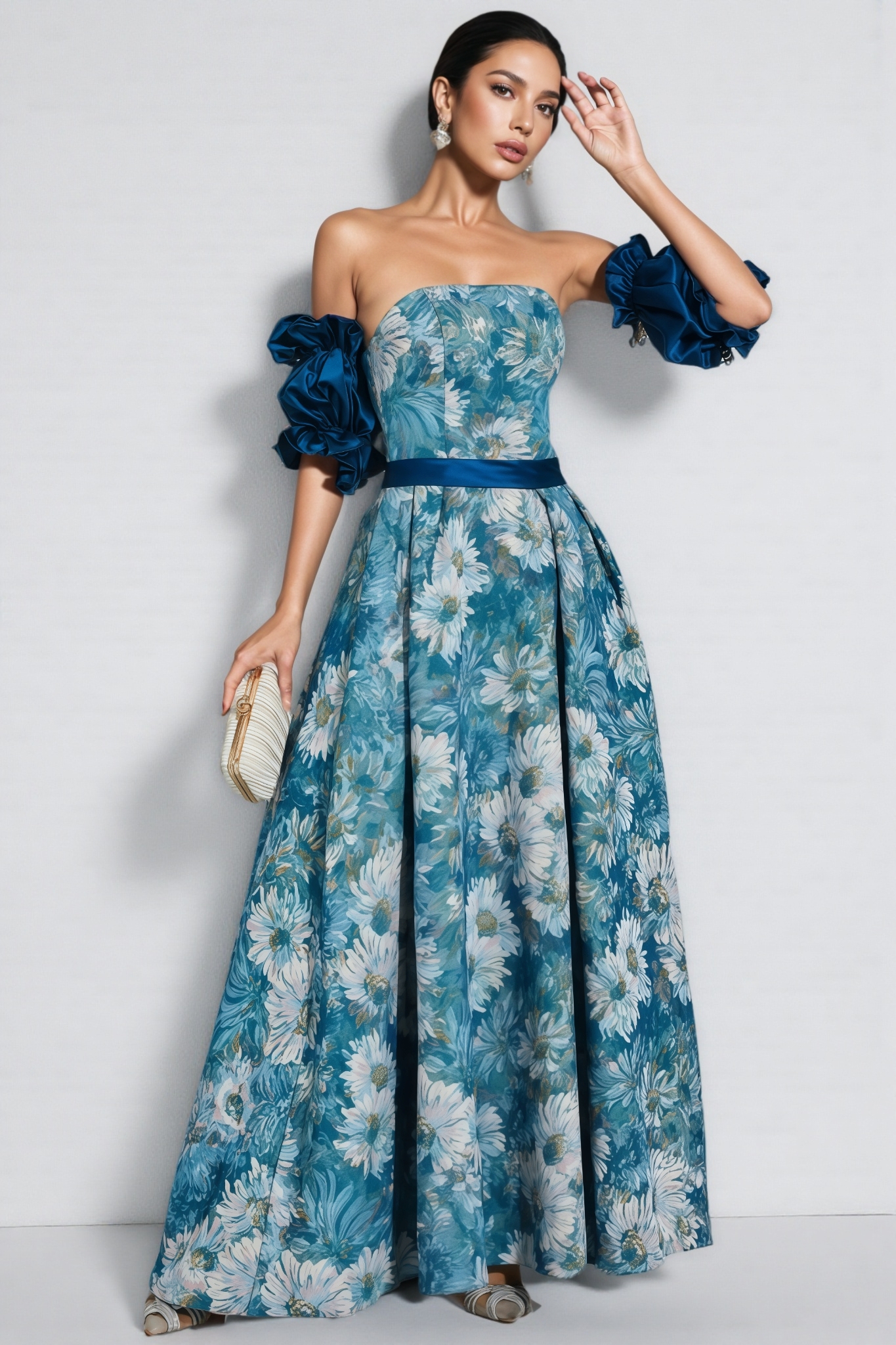 Briar Blue Puff Sleeves Off Shoulder Maxi Dress