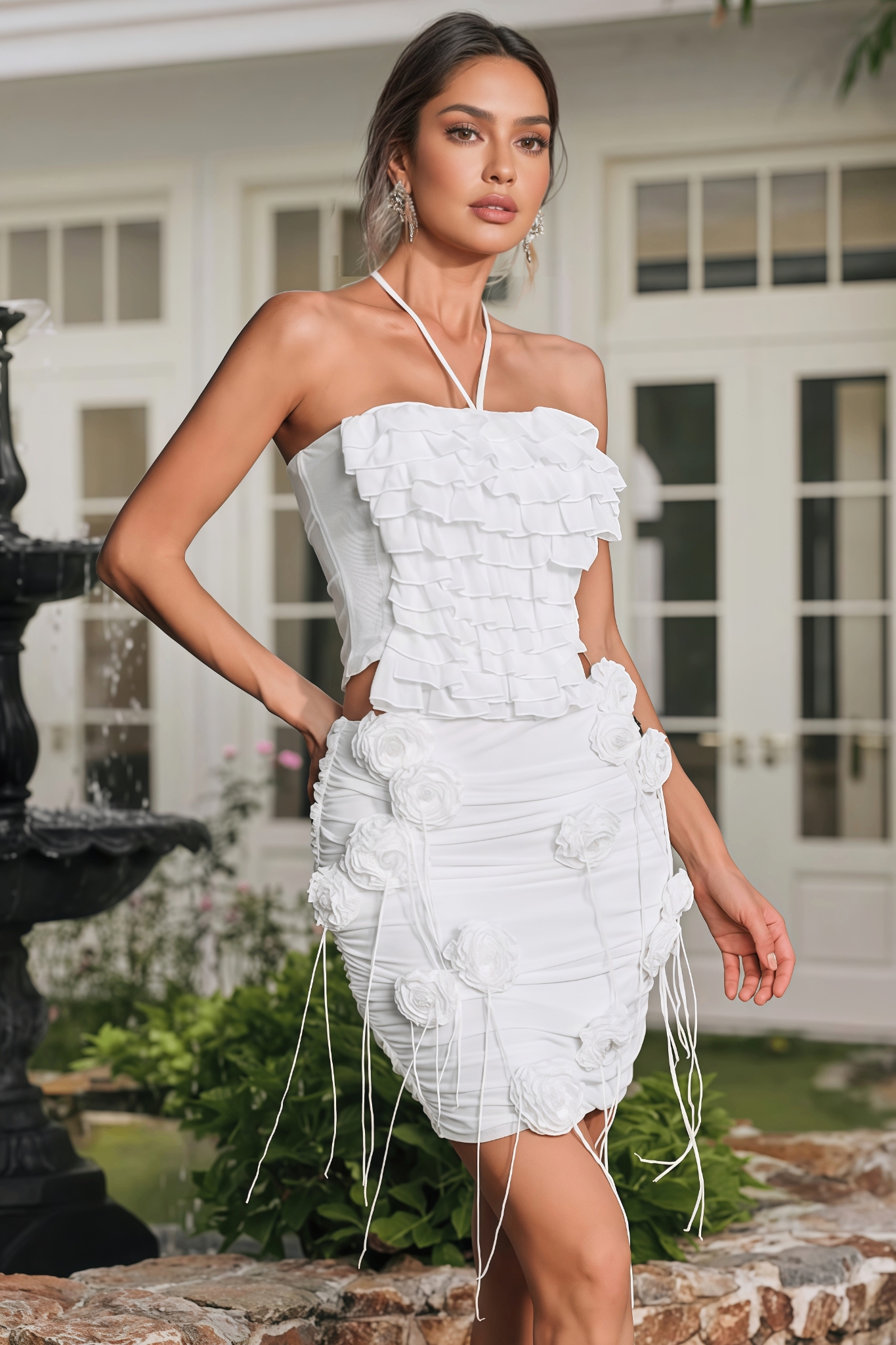 Sayek White 3D Flower Midi Dress Two-Piece Set