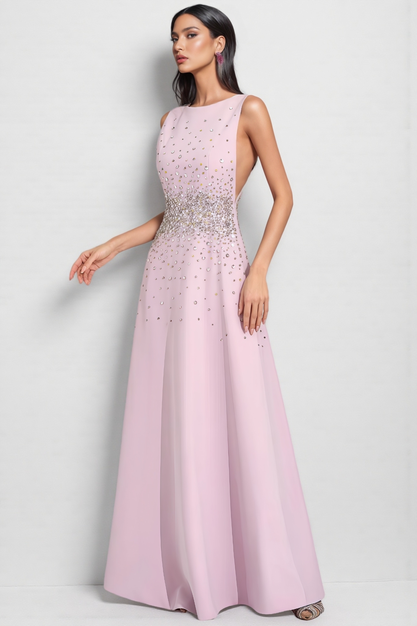 Breot Pink Sleeveless Rhinestone Maxi Dress