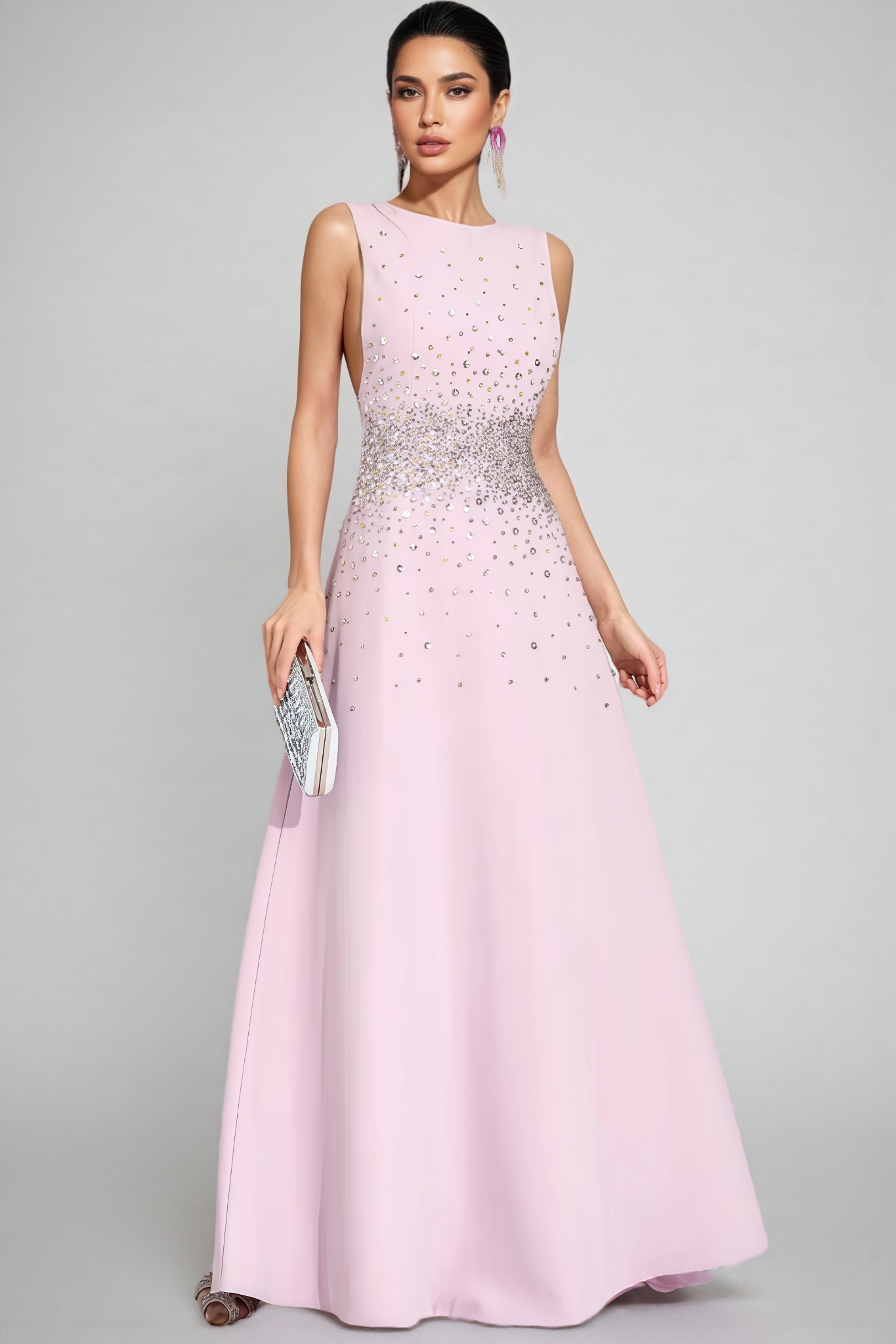 Breot Pink Sleeveless Rhinestone Maxi Dress