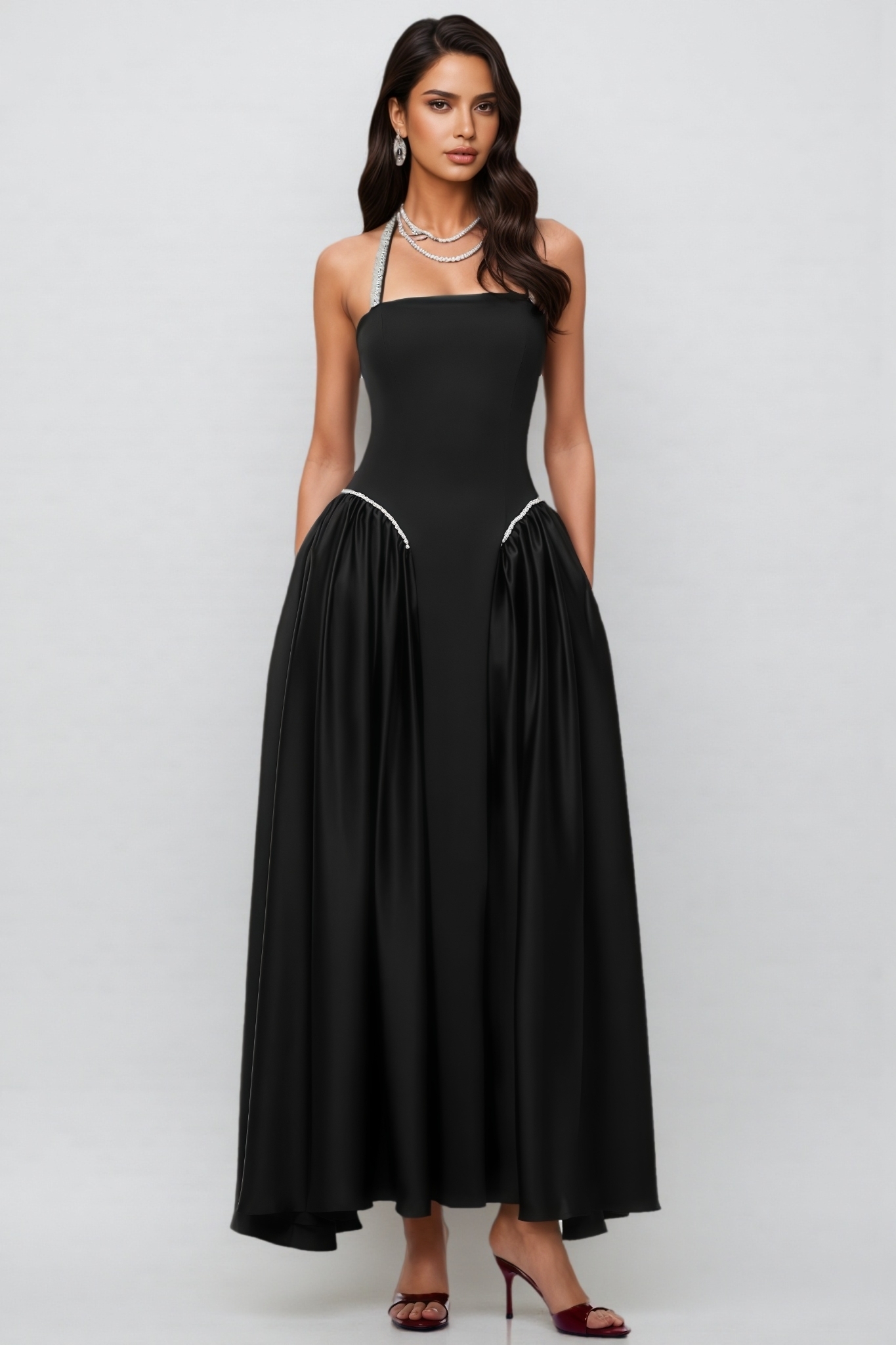 Pyndio Black Halterneck Pearl Maxi Dress