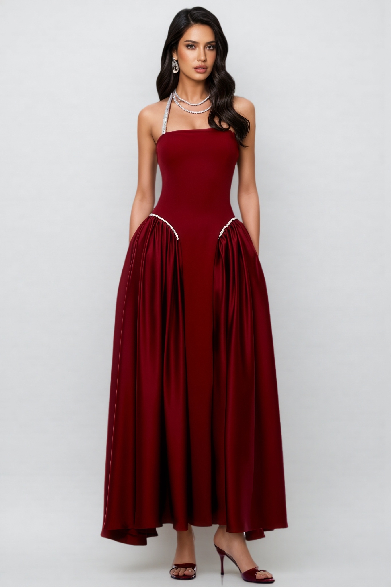 Soyat Red Halterneck Pearl Maxi Dress