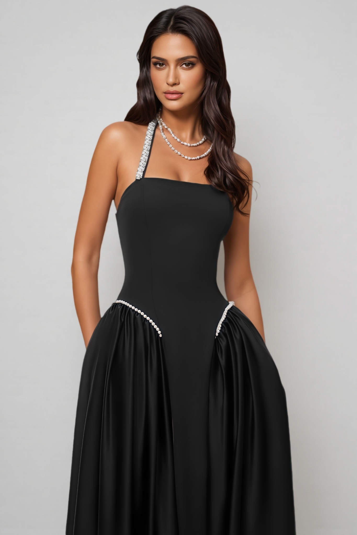 Pyndio Black Halterneck Pearl Maxi Dress