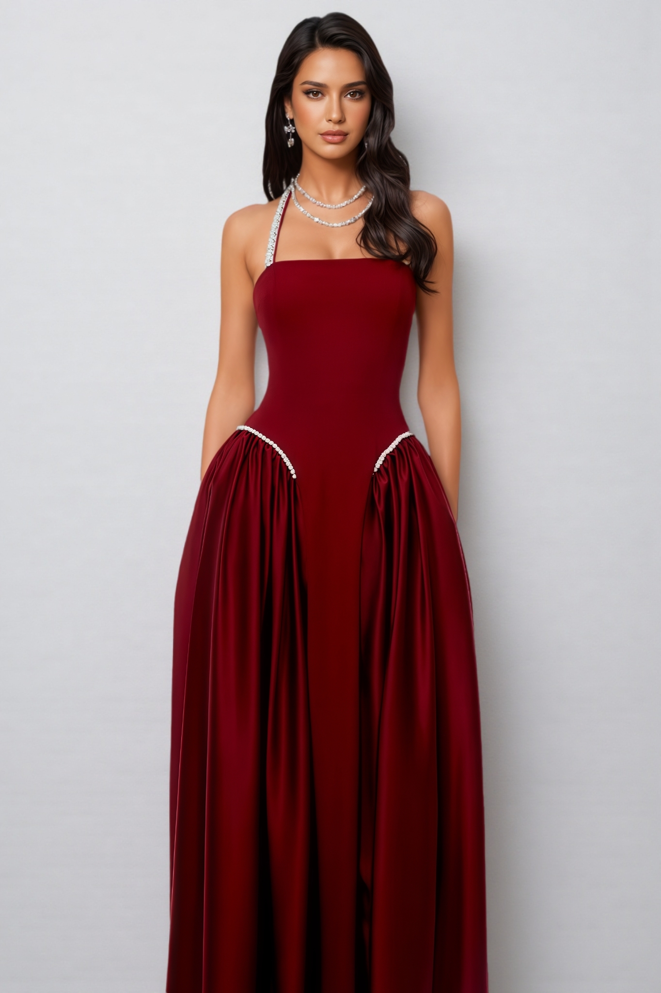 Soyat Red Halterneck Pearl Maxi Dress