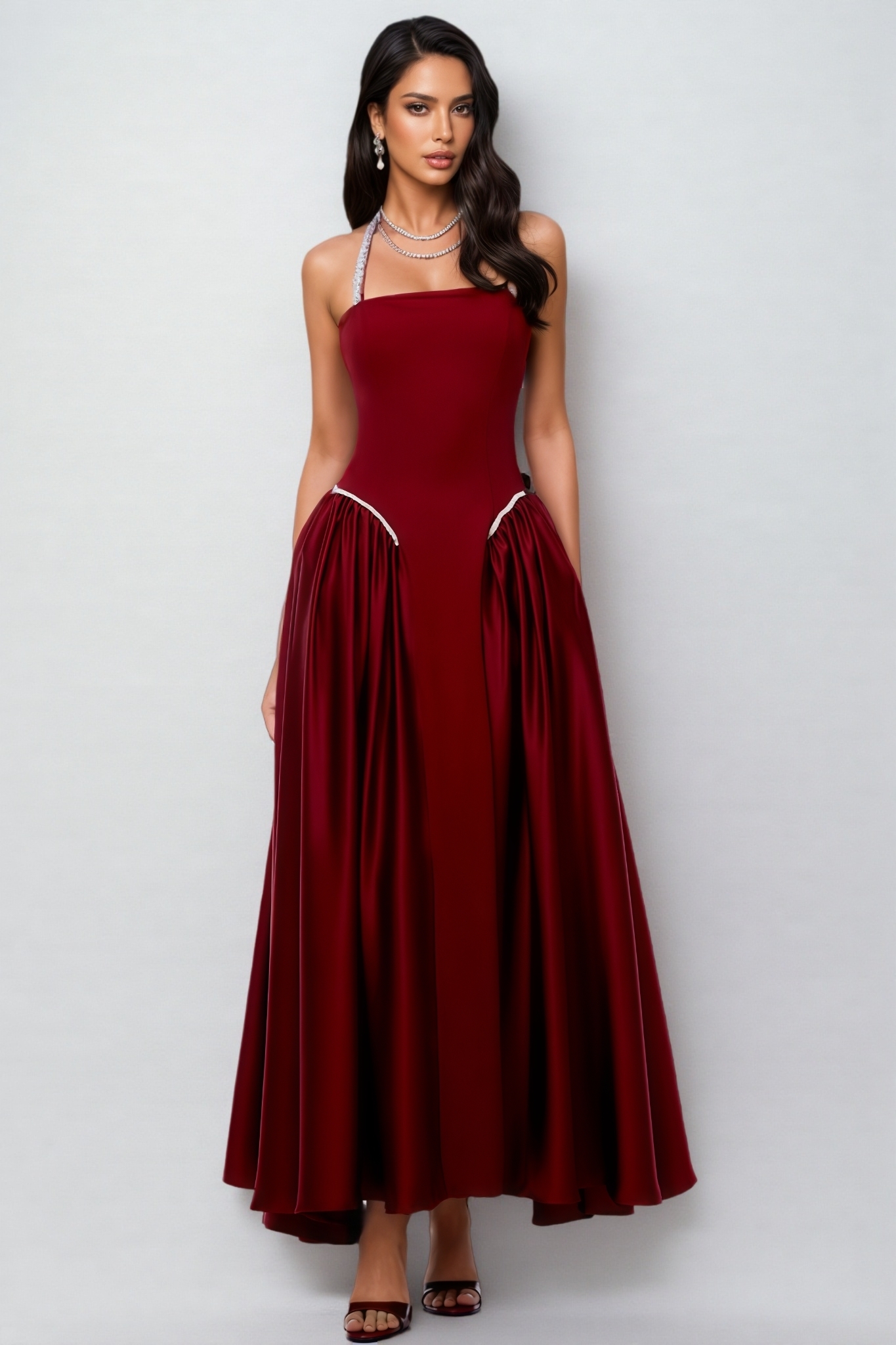 Soyat Red Halterneck Pearl Maxi Dress