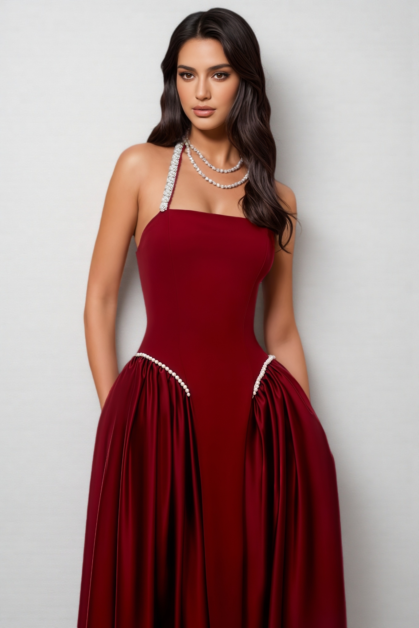 Soyat Red Halterneck Pearl Maxi Dress