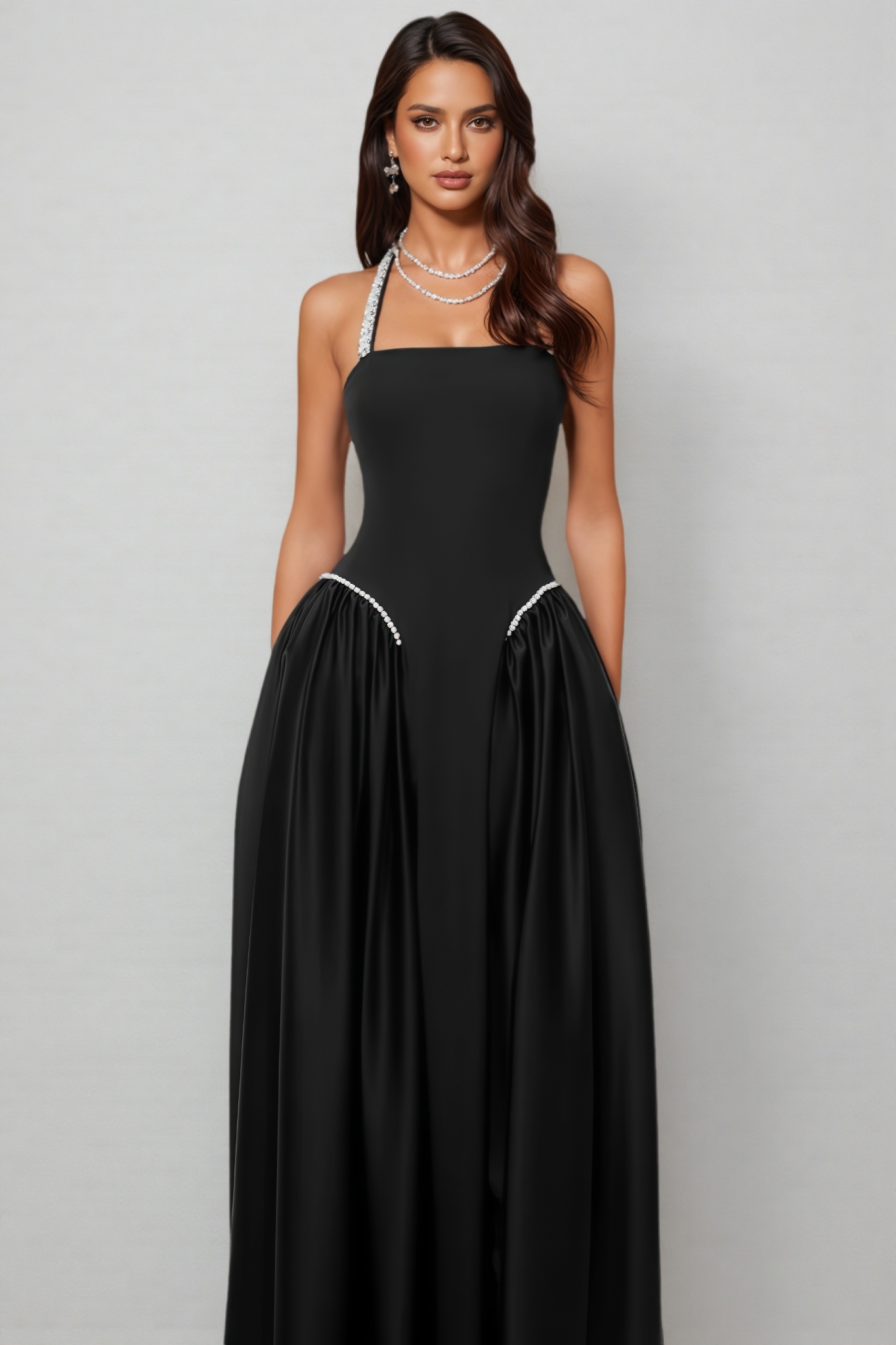 Pyndio Black Halterneck Pearl Maxi Dress