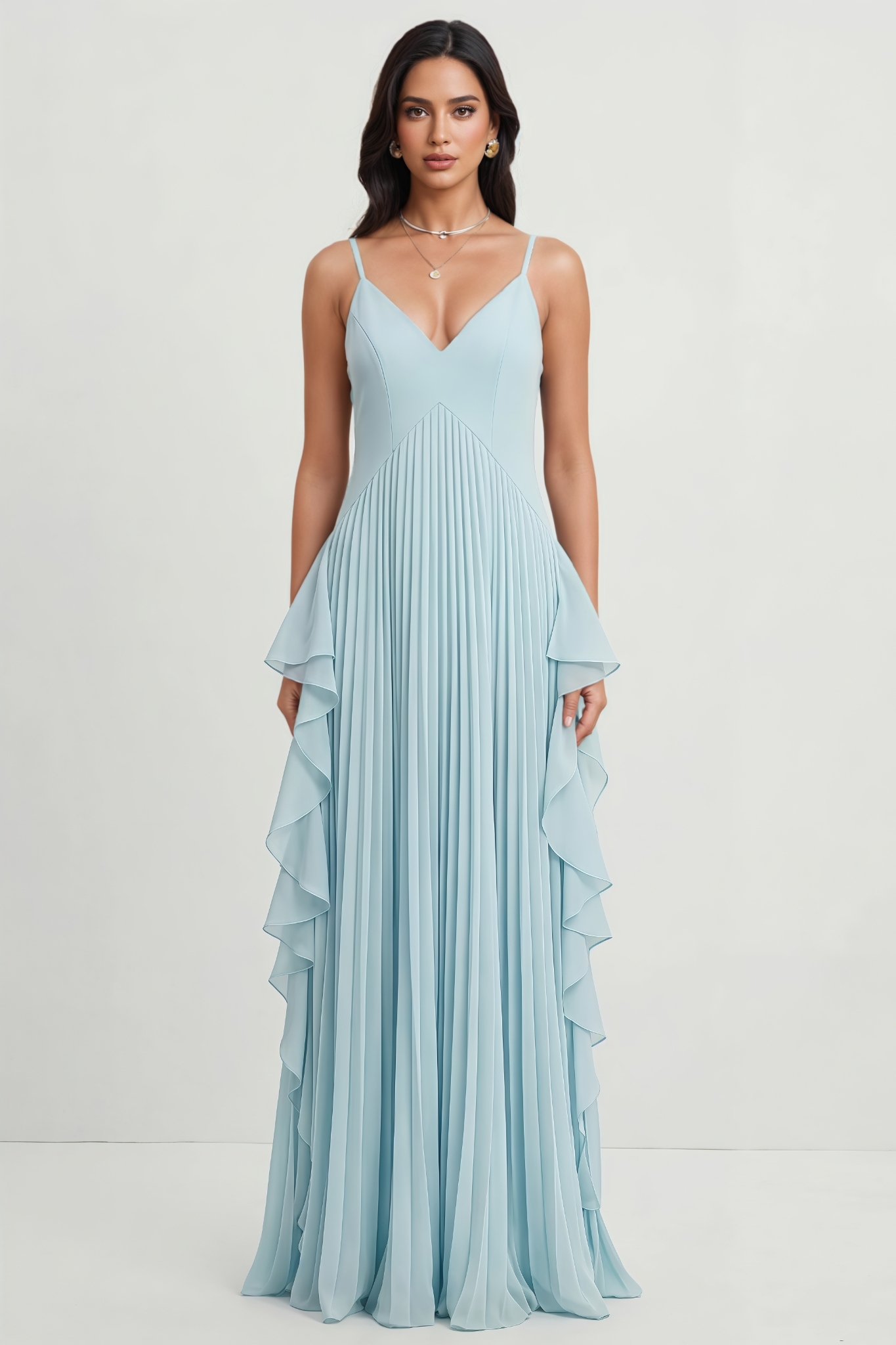 Lyrnik Sleeveless Pleated Ruffle Maxi Dress