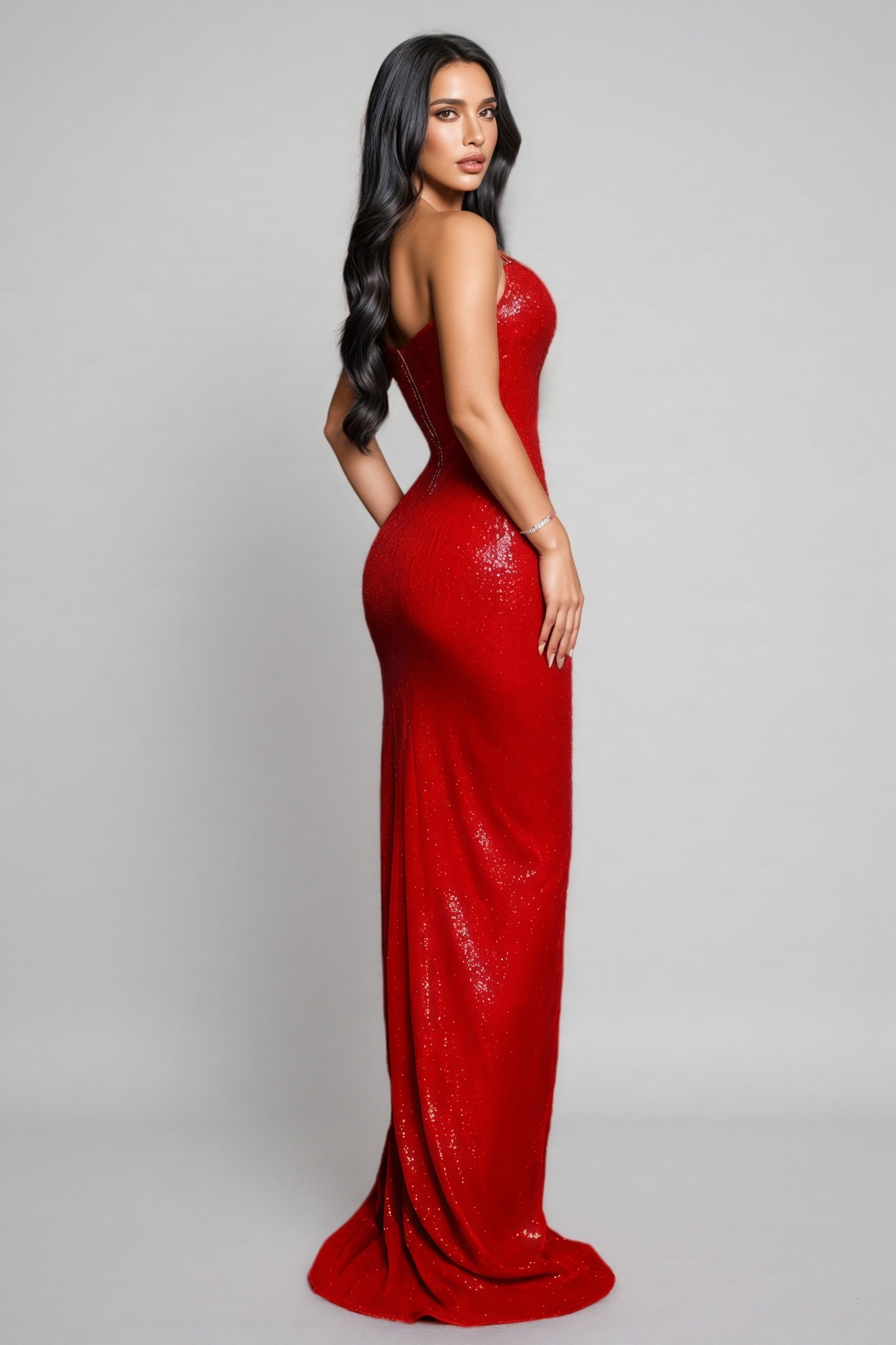 Majrela Slip Sequin Draped Slit Maxi Dress