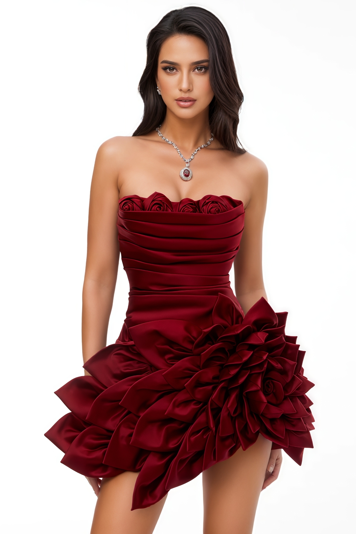 Thamto Red 3D Floral Mini Dress 