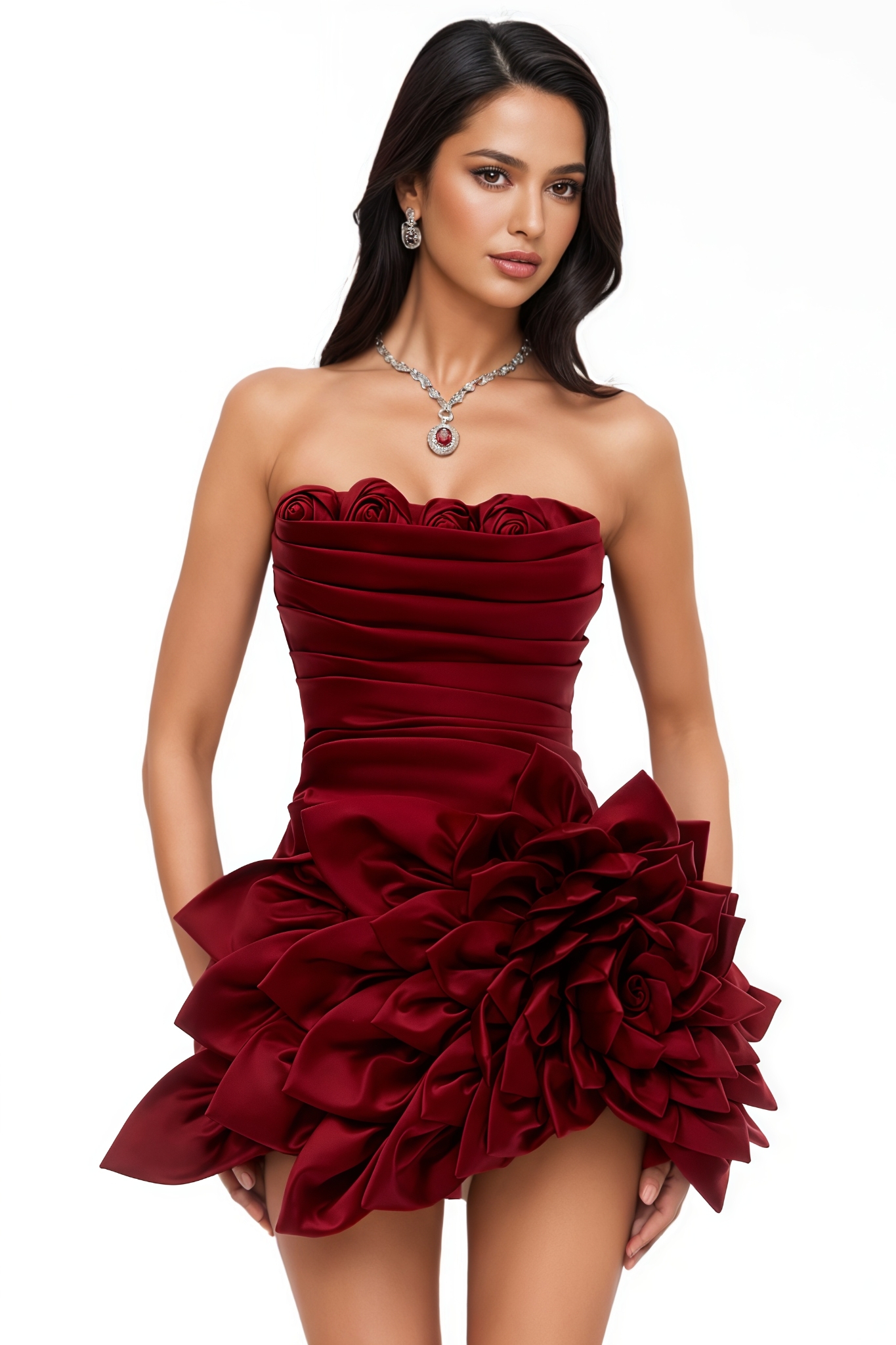 Thamto Red 3D Floral Mini Dress 