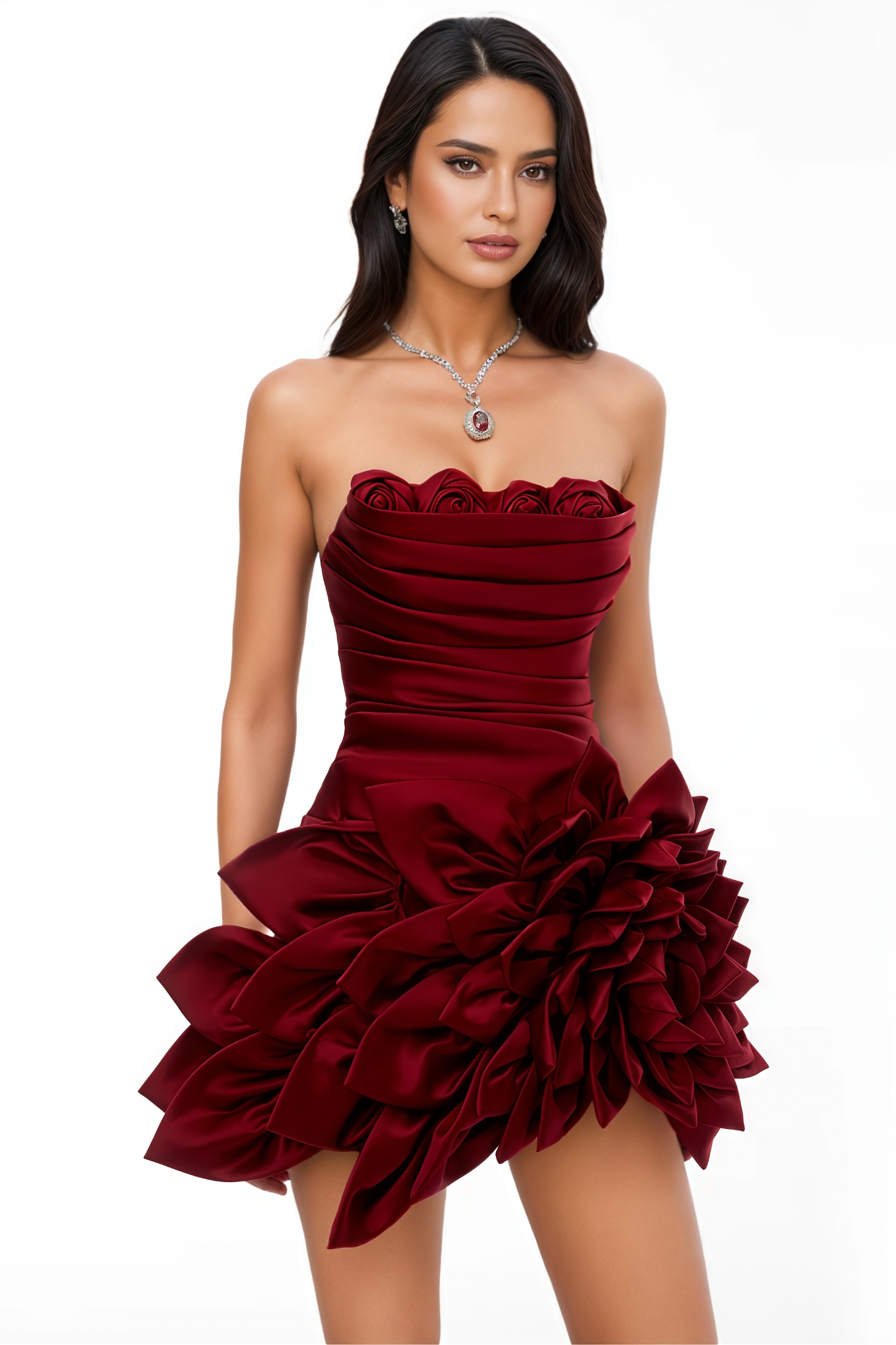 Thamto Red 3D Floral Mini Dress 
