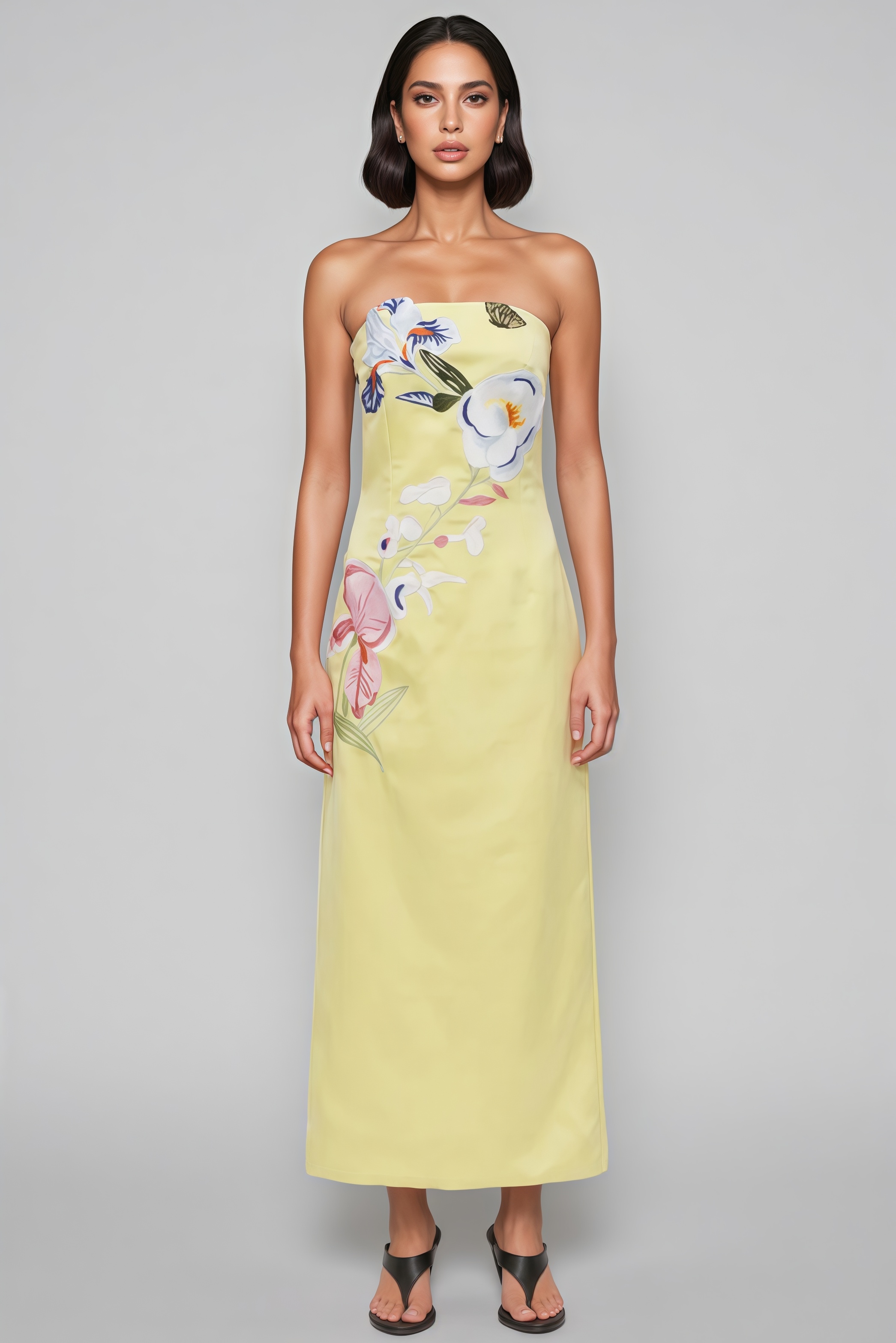 Lecay Yellow Floral Strapless Maxi Dress