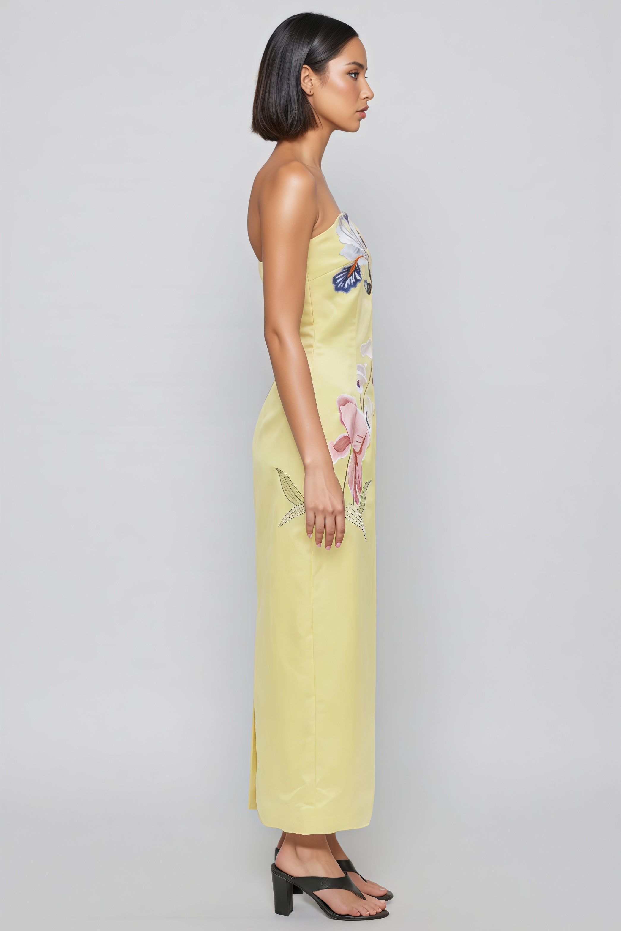Lecay Yellow Floral Strapless Maxi Dress