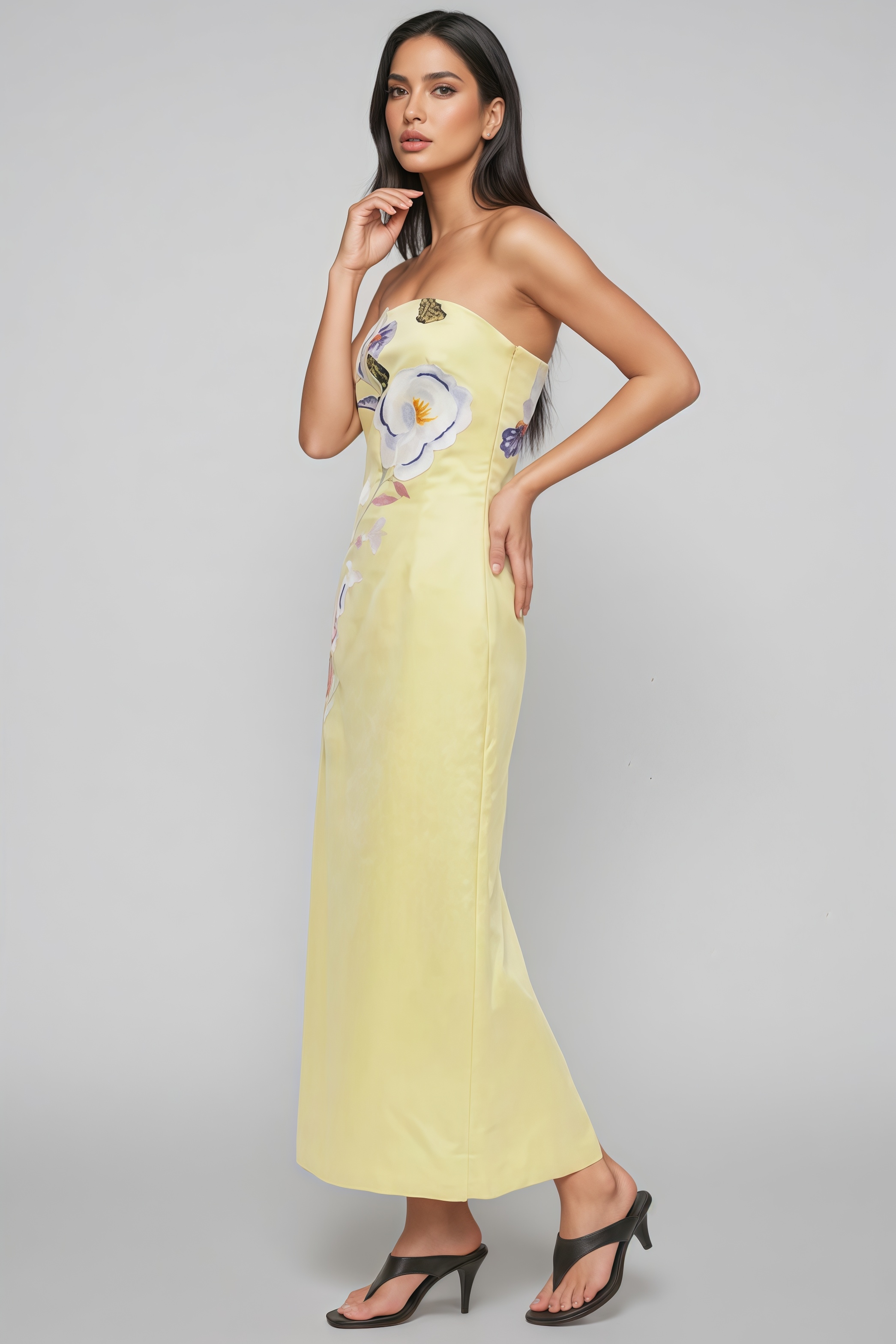 Lecay Yellow Floral Strapless Maxi Dress