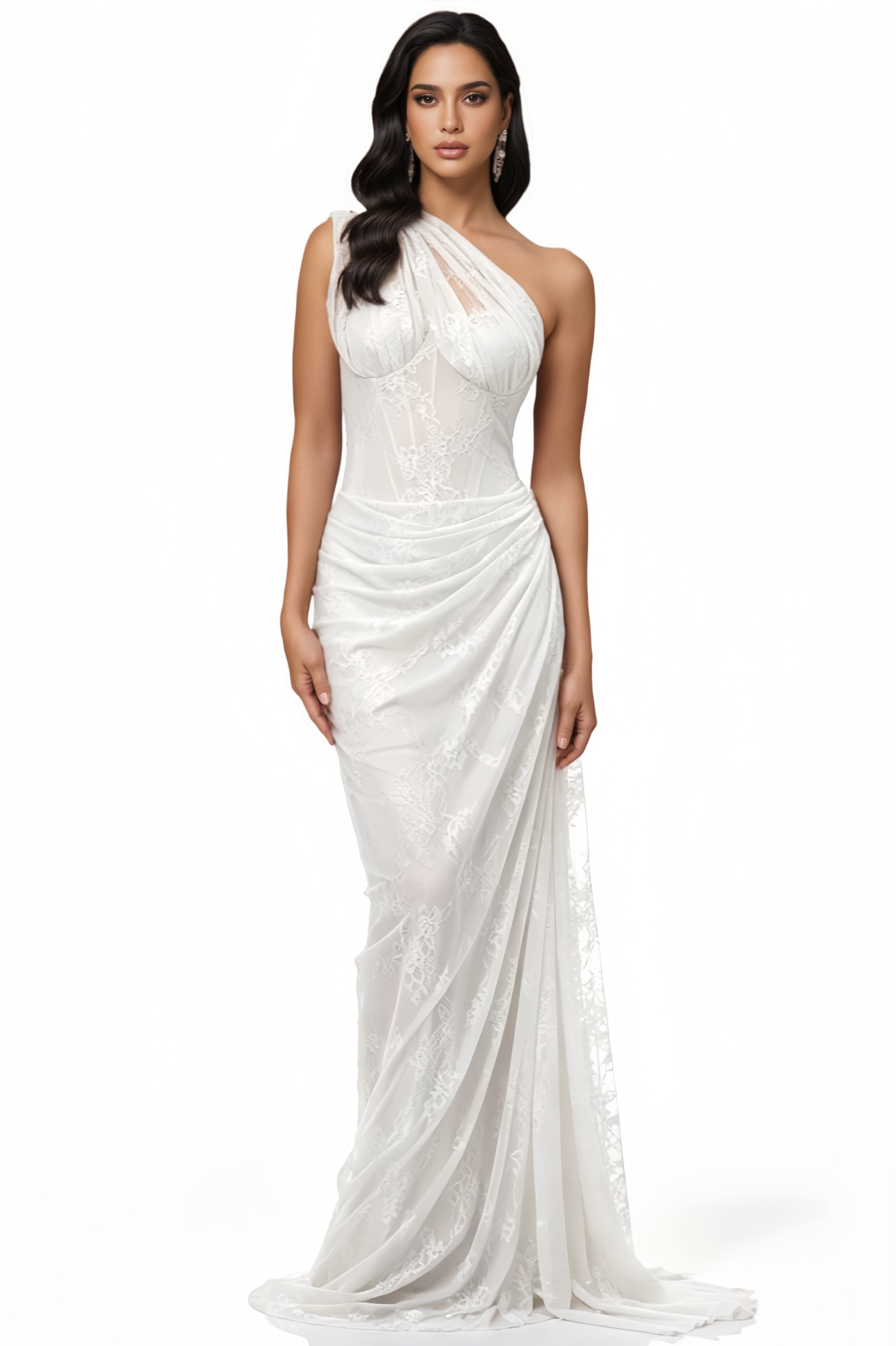 Ravri White One Shoulder Lace Maxi Gown
